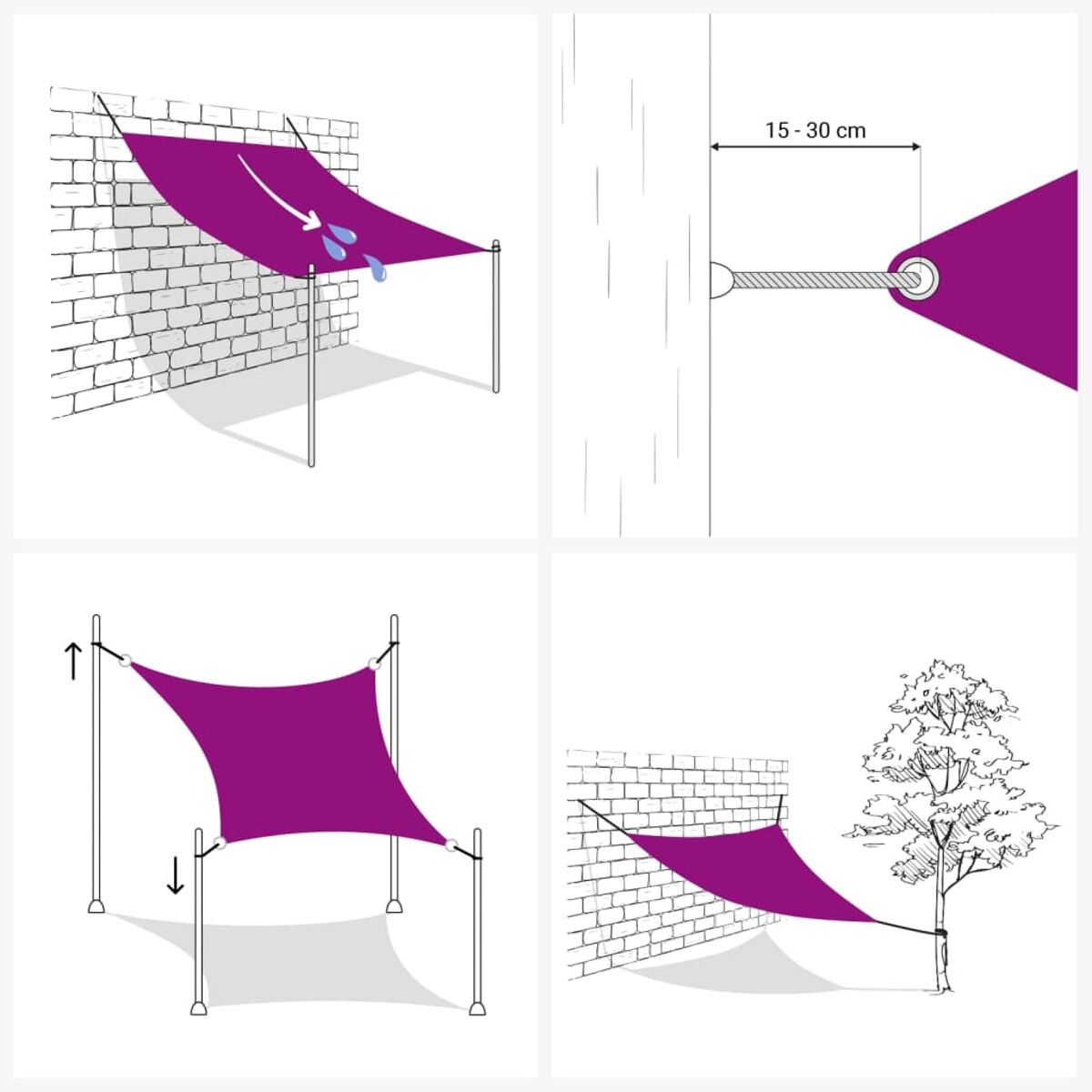 Diagramm zur Installation eines quadratischen, violetten Sonnensegels. Inklusive Schritte zum Aufbau.