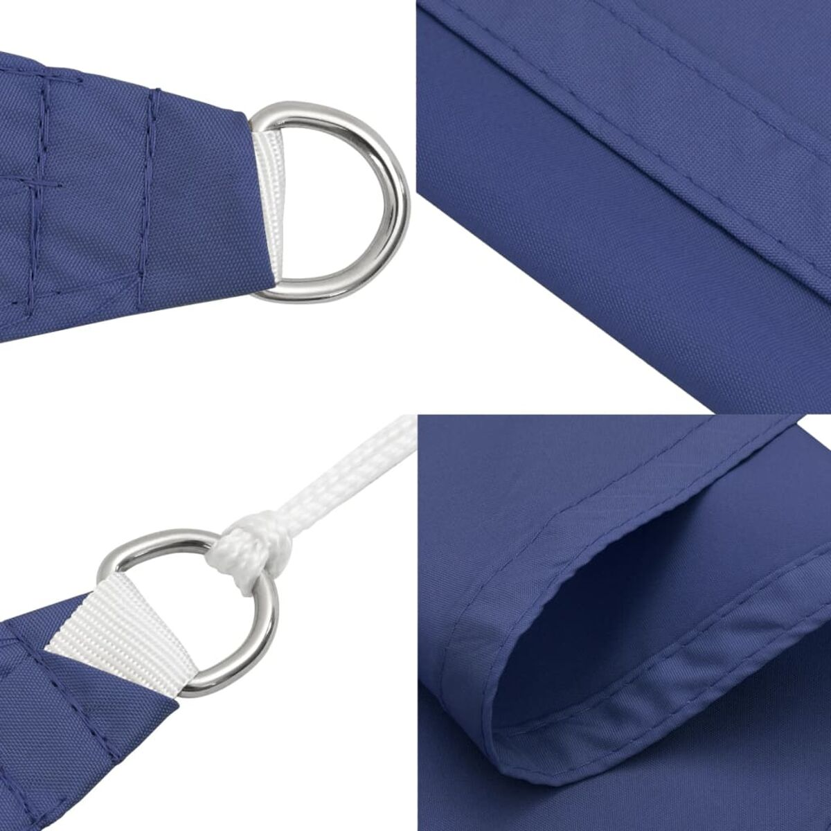 Primo piano di tessuto blu con anello metallico e corda bianca. Dettagli di cuciture e trama visibili.