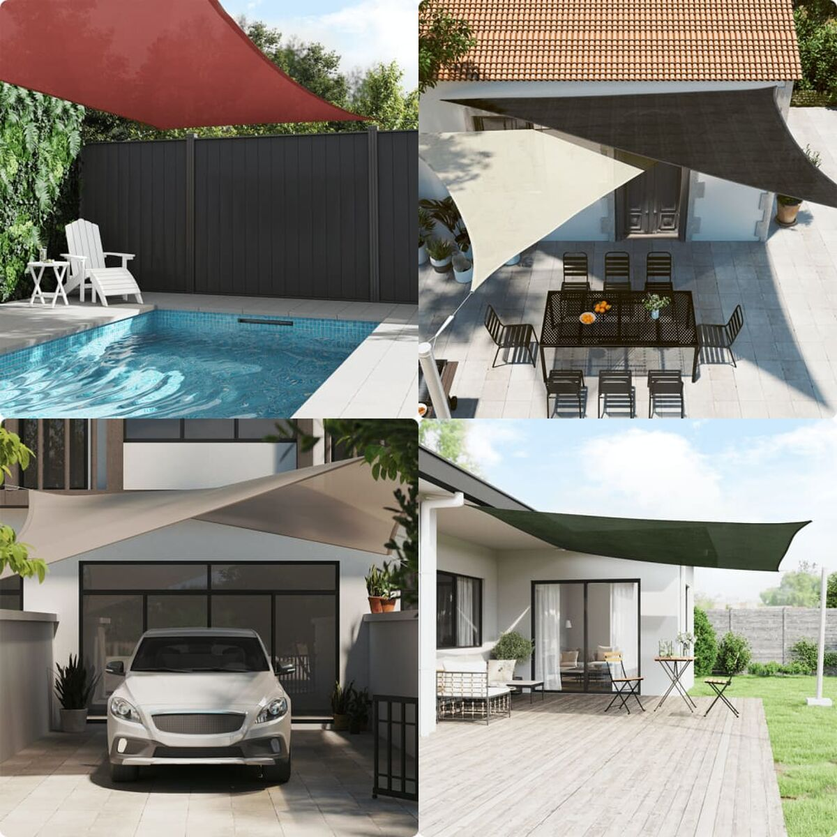 Vier Bilder, die verschiedene Außenbereiche mit Sonnensegeln, Pool und Haus zeigen.