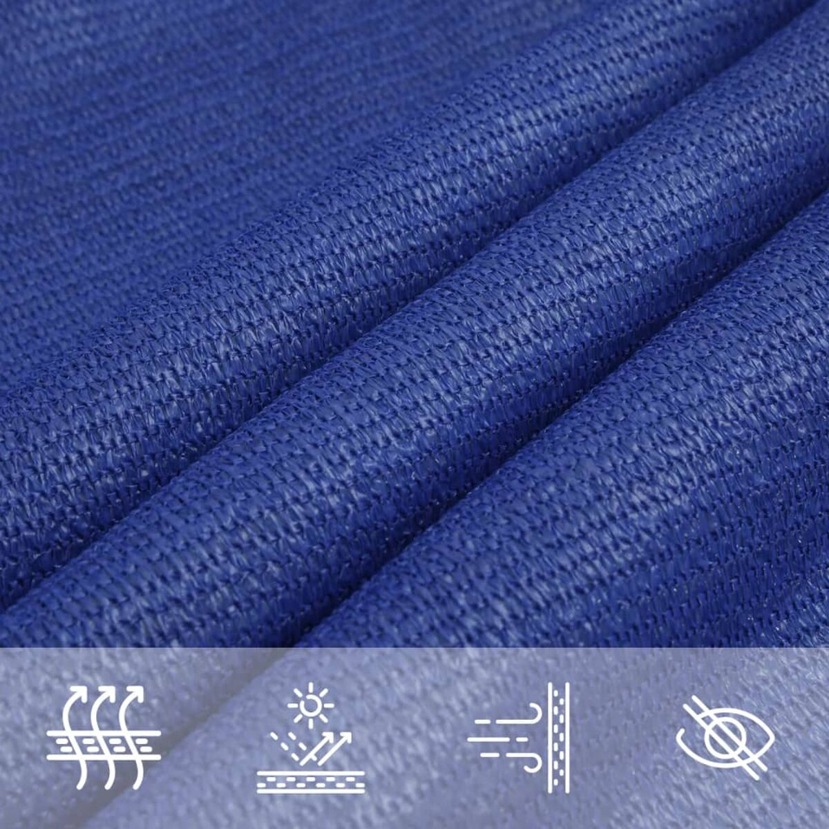 Tessuto ombreggiante blu con texture e icone. Simboli di protezione solare, vento e occhio.