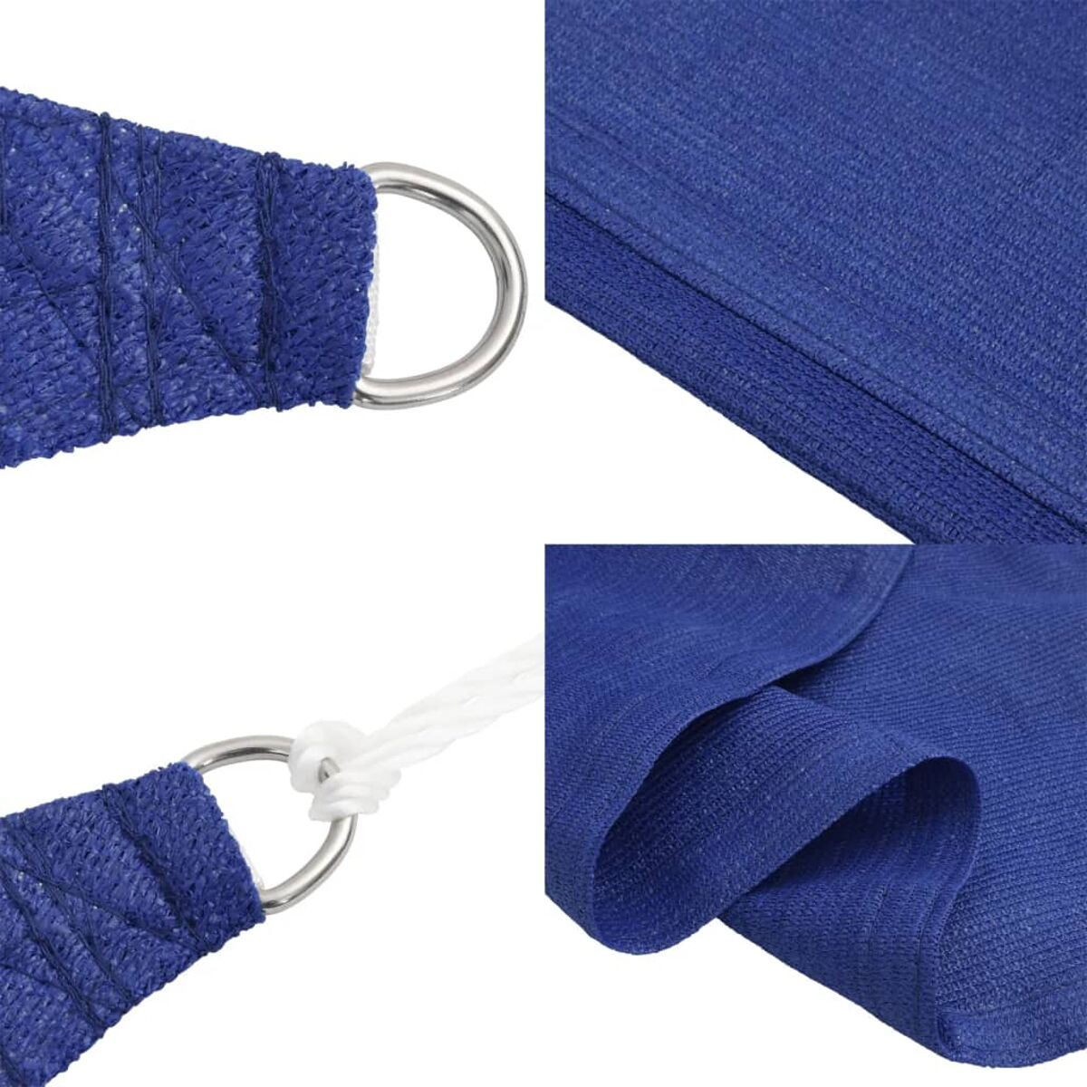 Primo piano su tessuto blu per vela parasole con anello metallico e corda.