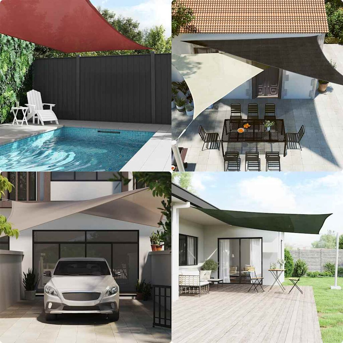 Mehrere Bilder von Sonnensegeln in verschiedenen Umgebungen, darunter ein Pool und eine Terrasse.