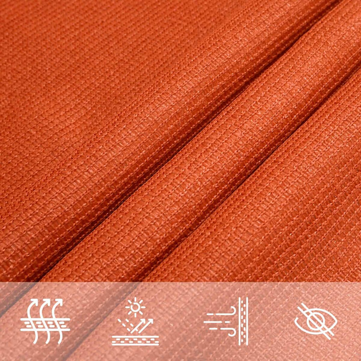Nahaufnahme von orangefarbenem Sonnenschutzgewebe. Zeigt das Gewebe und die Textur des Stoffes.