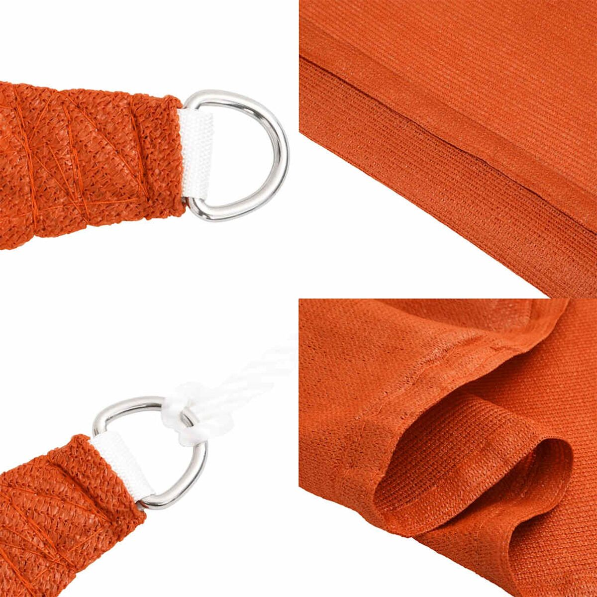 Nahaufnahme eines orangefarbenen Sonnensegelstoffs mit D-Ringen und Nähten.