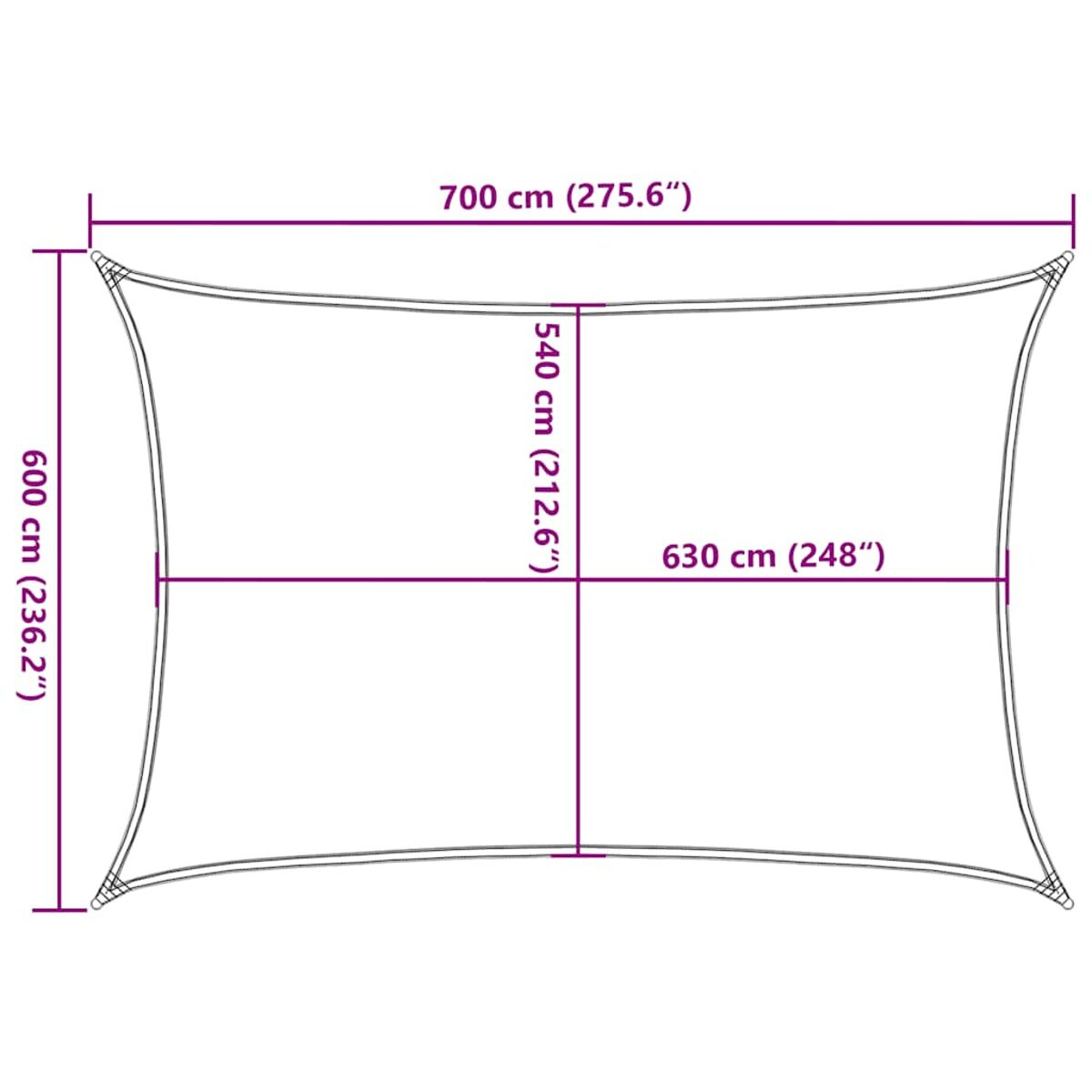 Un parasole rettangolare con dimensioni e misure in cm.