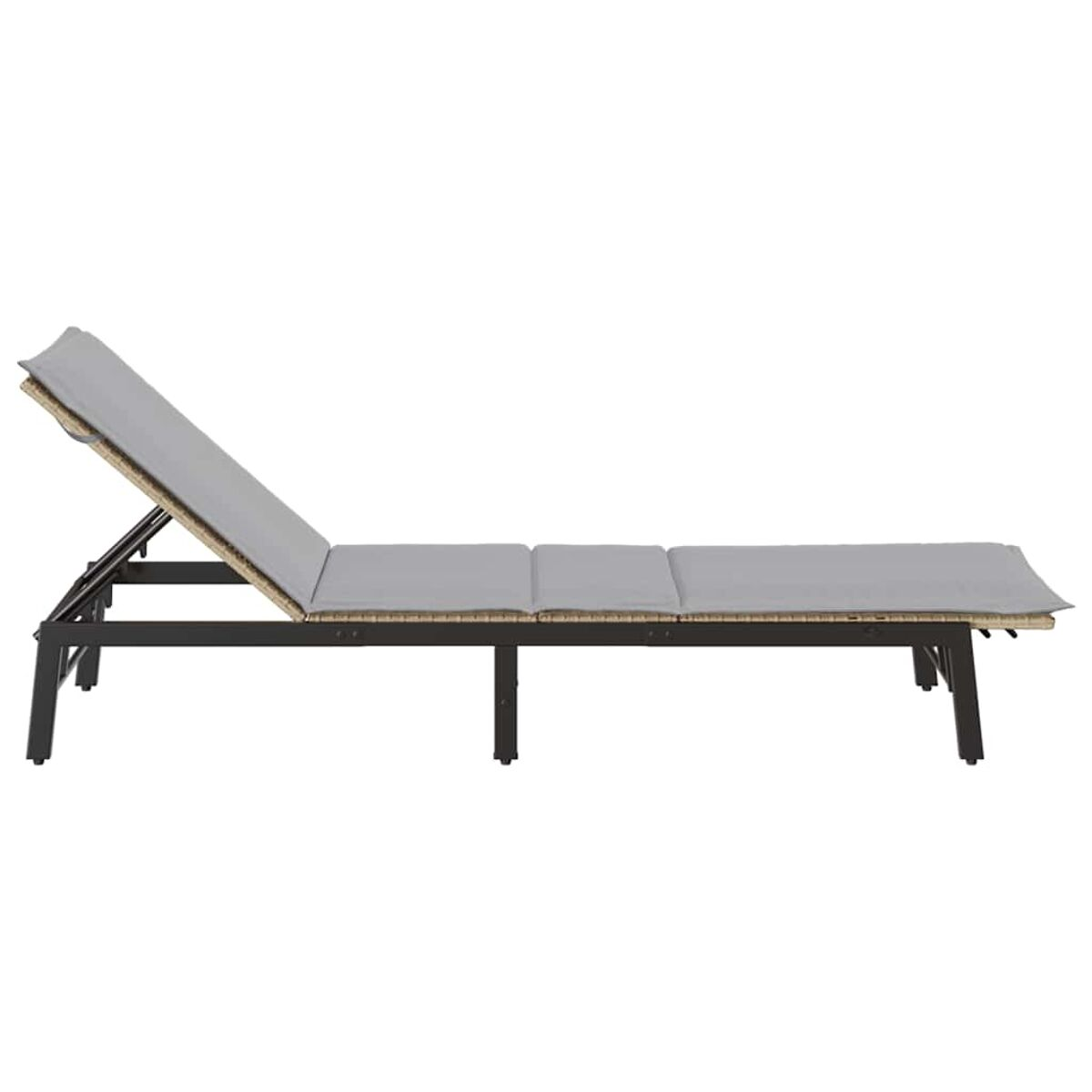 Chaise longue imbottita grigia su una struttura nera.