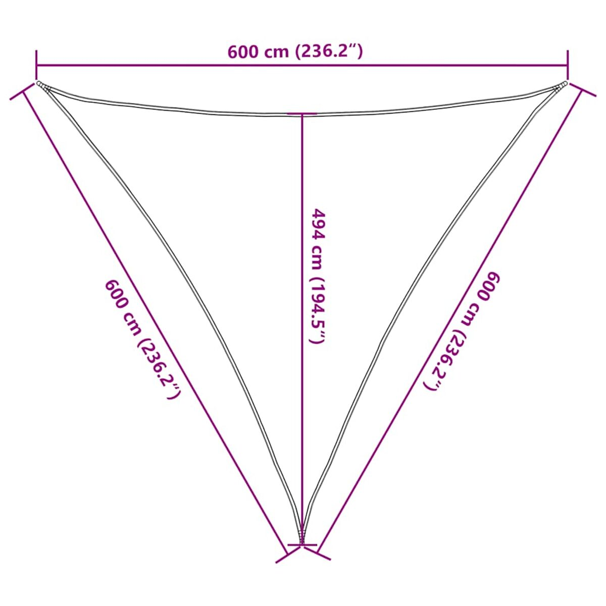 Diagramma che mostra le dimensioni di una vela parasole triangolare. Ogni lato misura 600 cm, l'altezza è 494 cm.