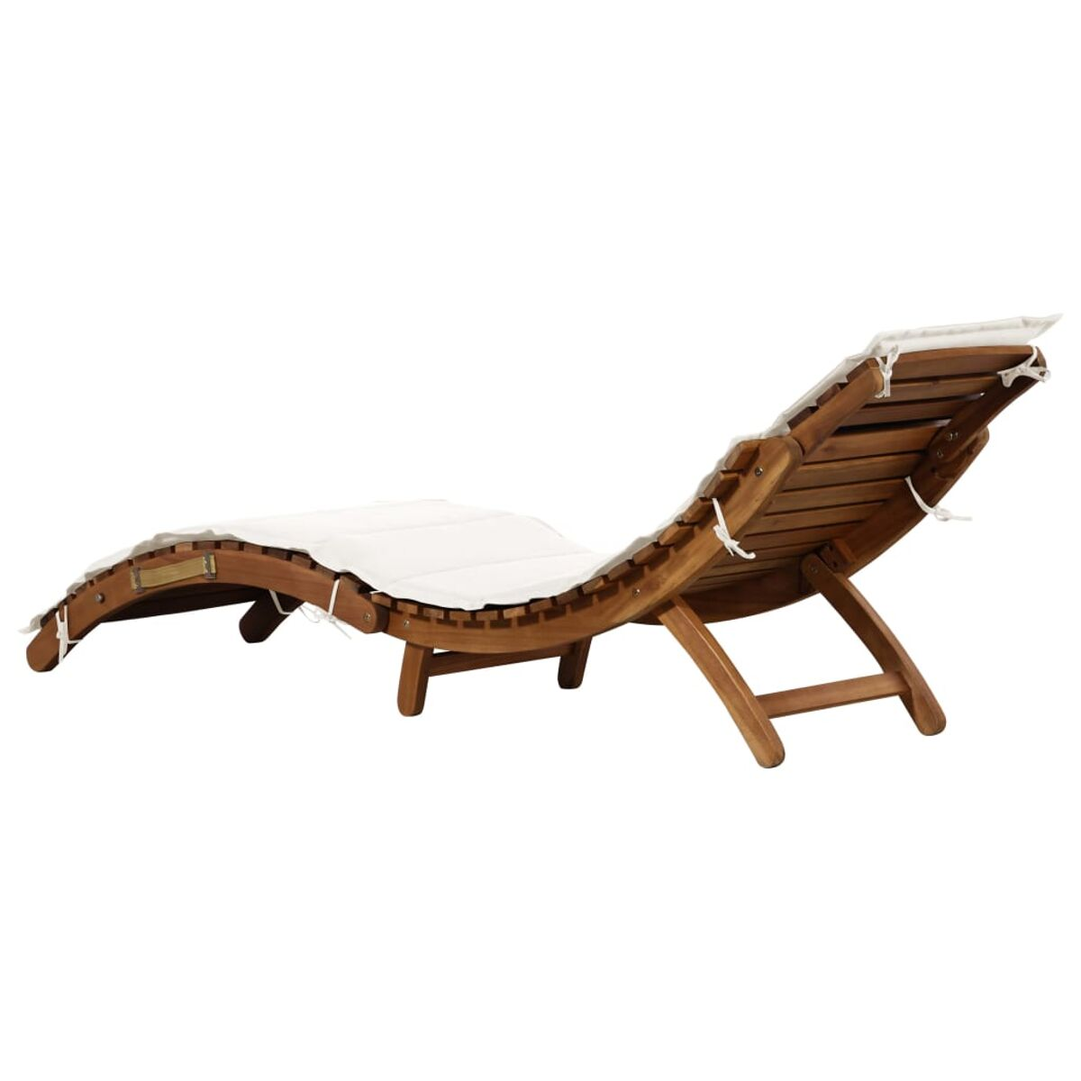 Holz-Chaiselongue für den Außenbereich mit weißem Kissen, von hinten gesehen.