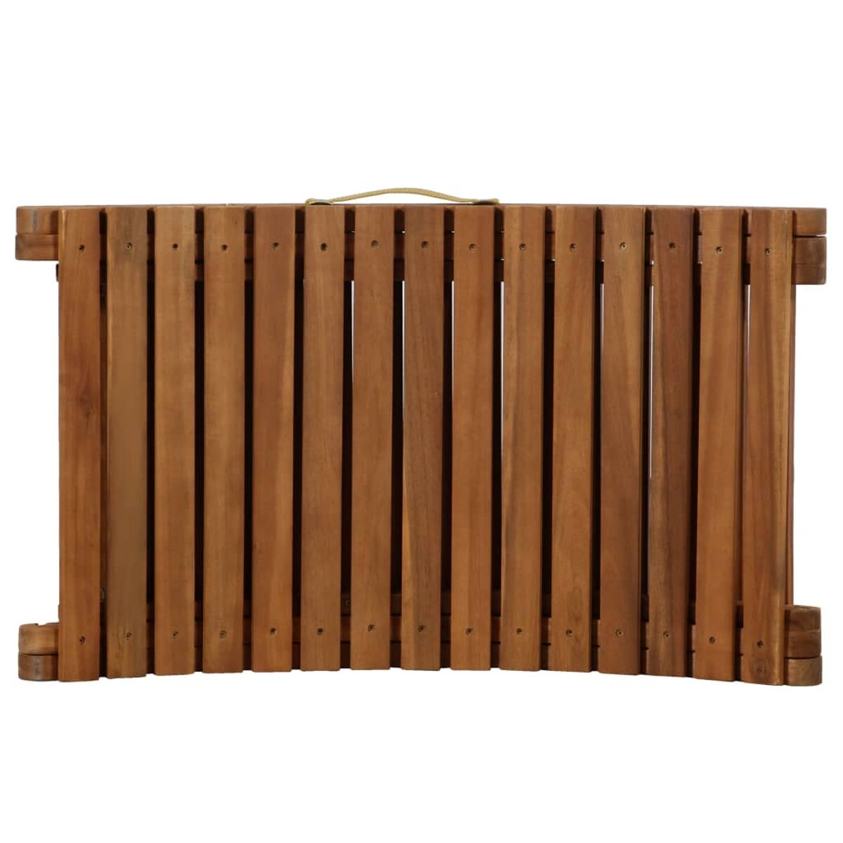 Faltbarer Holztisch, aus vertikalen Holzlatten, mit einem Seilgriff.