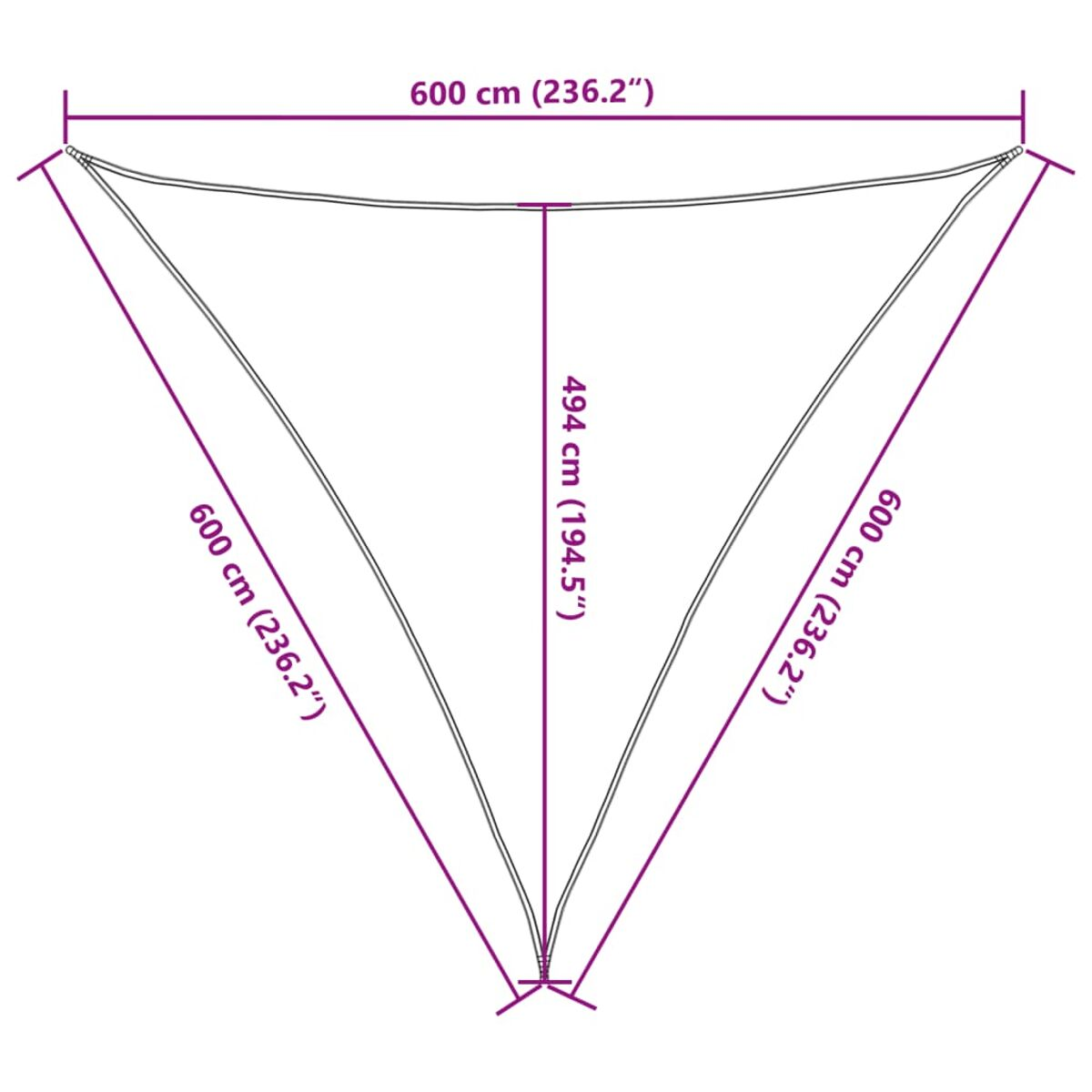 Vela parasole triangolare con dimensioni in cm e pollici.