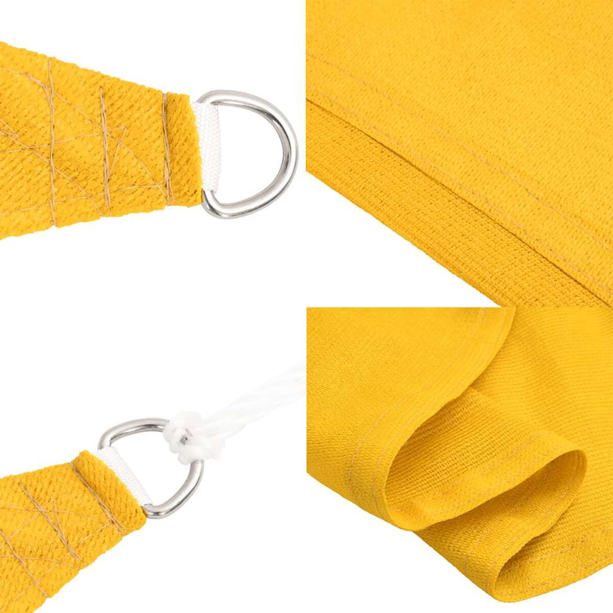 Primo piano del materiale giallo del parasole con anelli a D e connettori di corda bianchi.