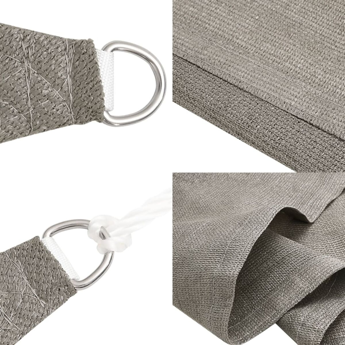 Nahaufnahme eines Sonnenschutzmaterials. Grauer Stoff mit Metallring und Seildetails.
