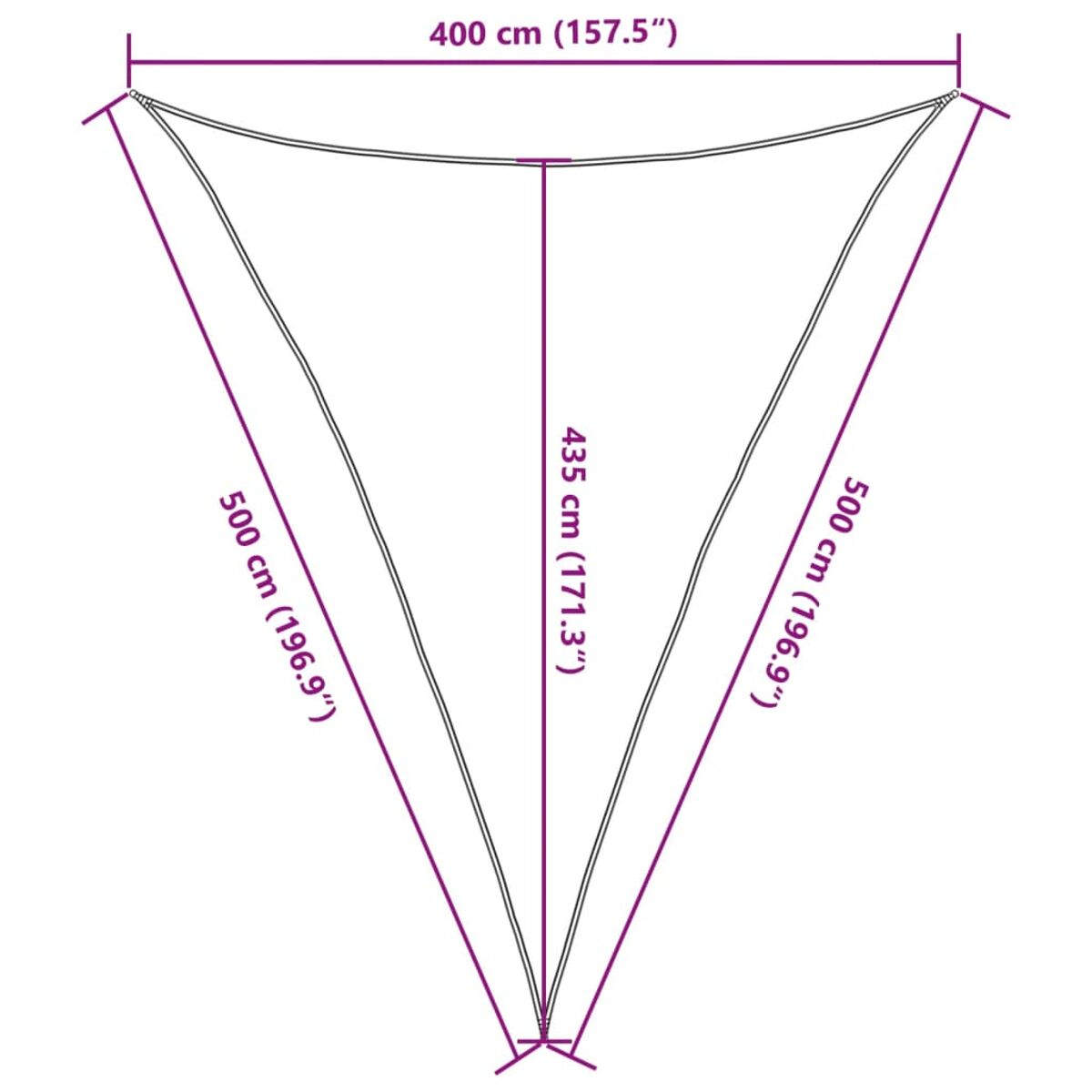 Parasole triangolare con dimensioni in centimetri: 400 cm in alto e 500 cm lati.