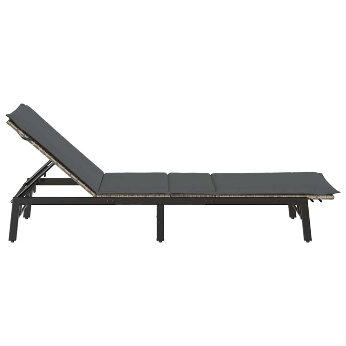 Chaise longue grigia da esterno con cuscino grigio, le gambe sono nere.