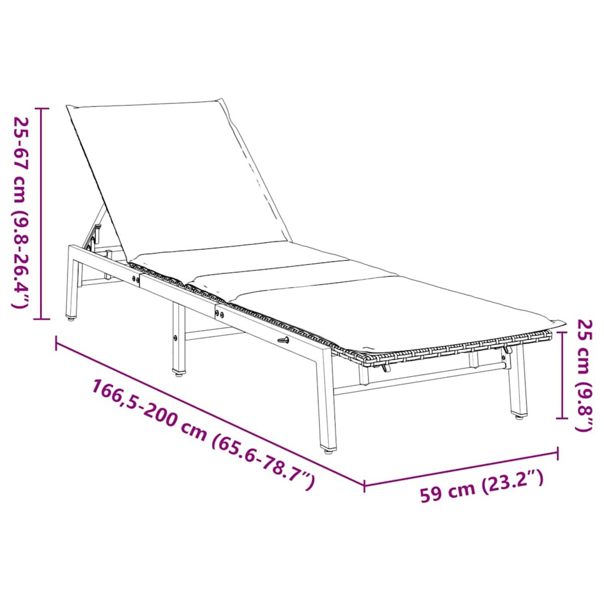 Chaise longue per esterni con cuscino bianco, dimensioni etichettate in centimetri e pollici.