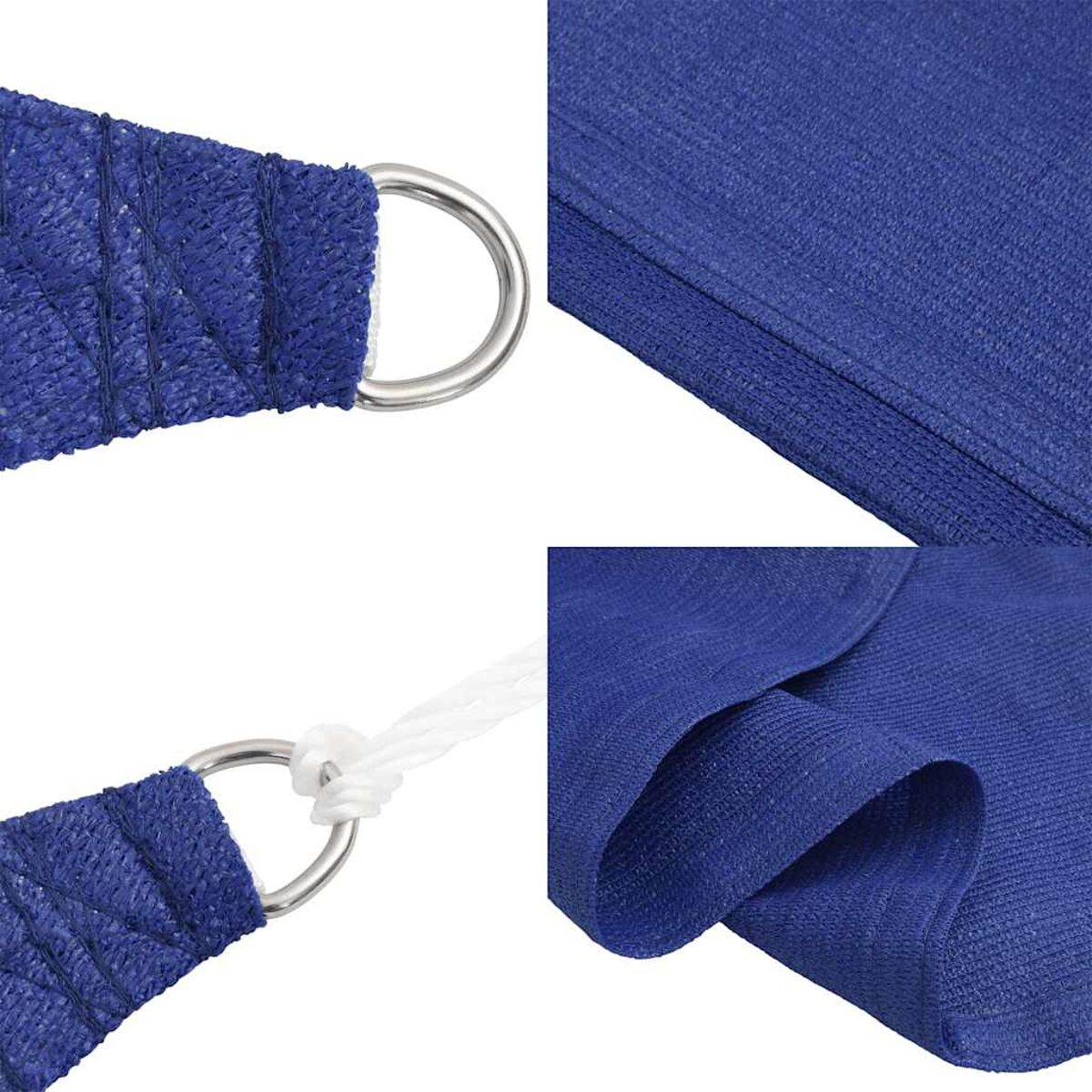 Primo piano del materiale della vela ombreggiante blu. Anelli e corde. Sfondo bianco. Colore blu.