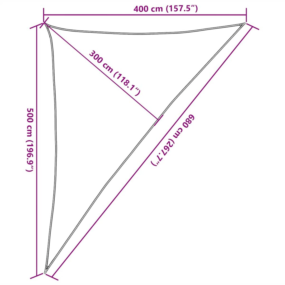 Una grande vela solare triangolare con dimensioni: 500 cm, 680 cm e 400 cm.