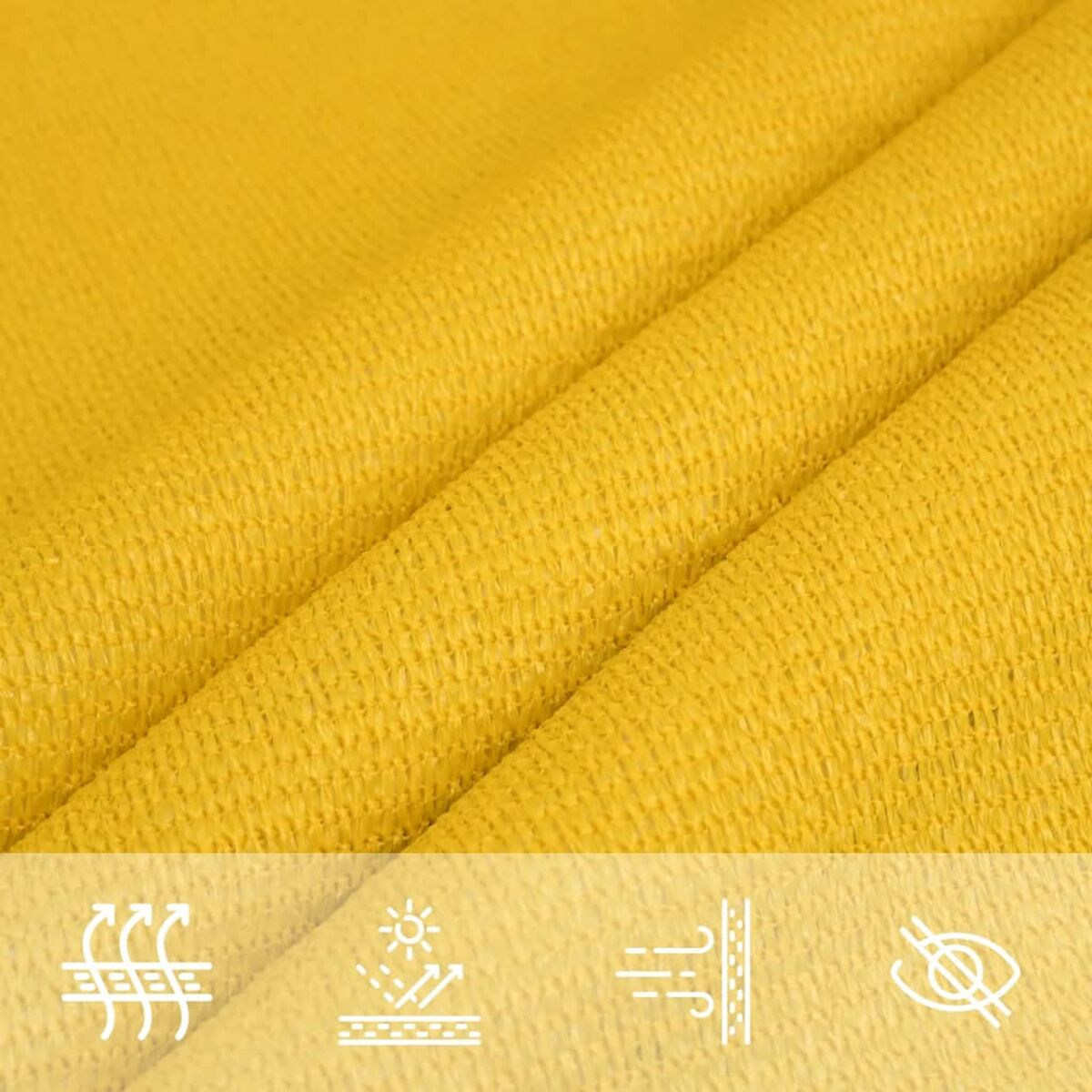Primo piano di tessuto giallo con pieghe. Tre icone in basso: vento, sole e occhio.