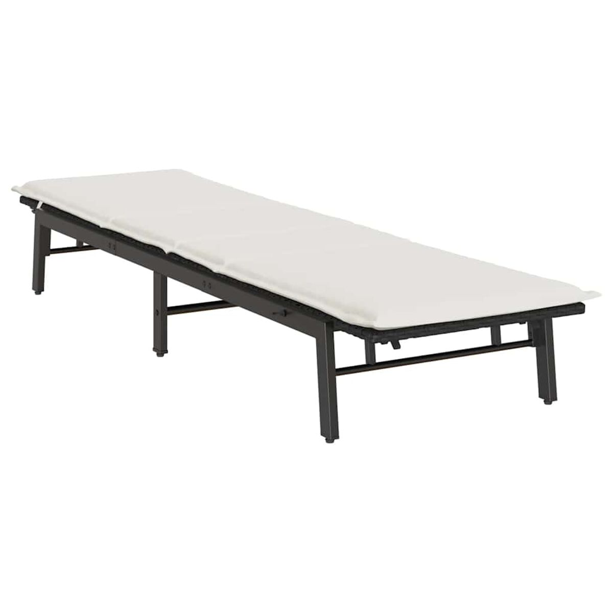Lettino prendisole da esterno con struttura nera e cuscino bianco. Design semplice.