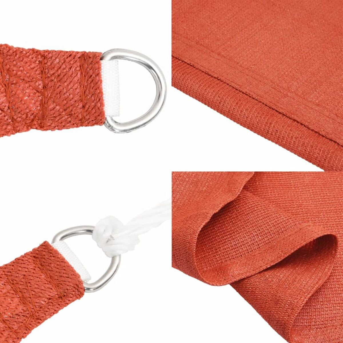 Primo piano dei dettagli della vela parasole color ruggine: anelli metallici, corda bianca e trama del tessuto.