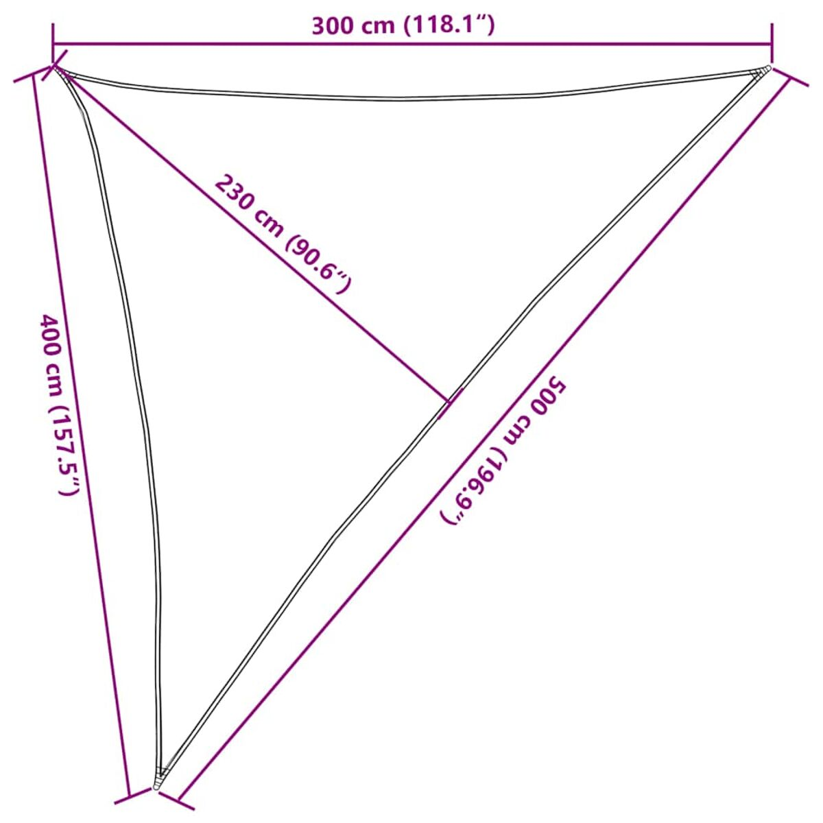 Diagramma di un parasole triangolare con dimensioni: 300, 230, 400 e 500 cm.