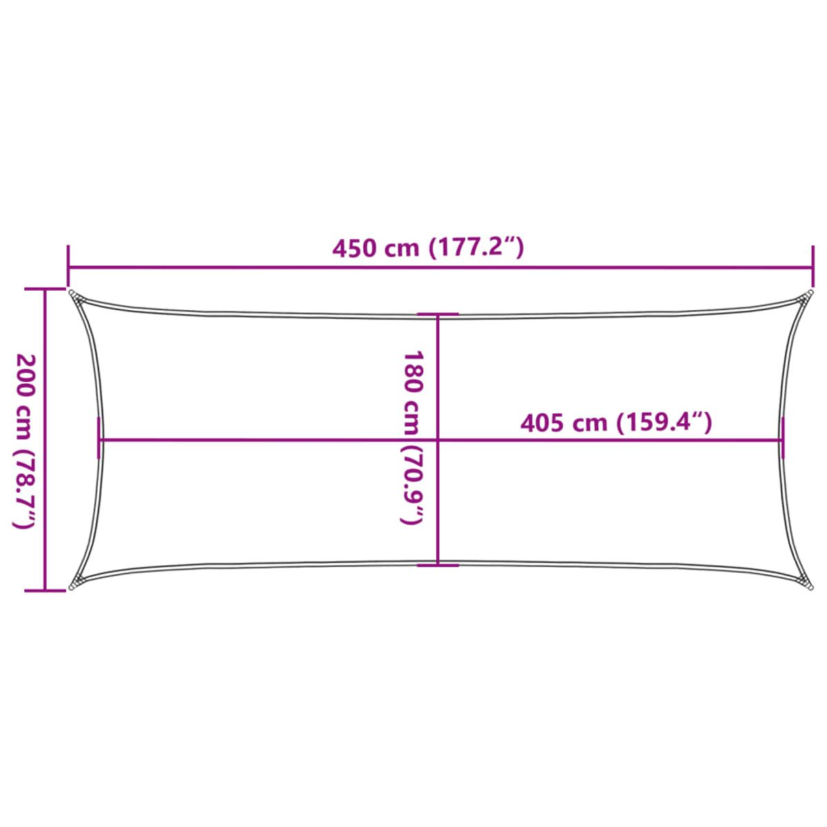 Diagramm mit Abmessungen eines Sonnensegels: 450 cm x 200 cm und 180 cm x 405 cm.