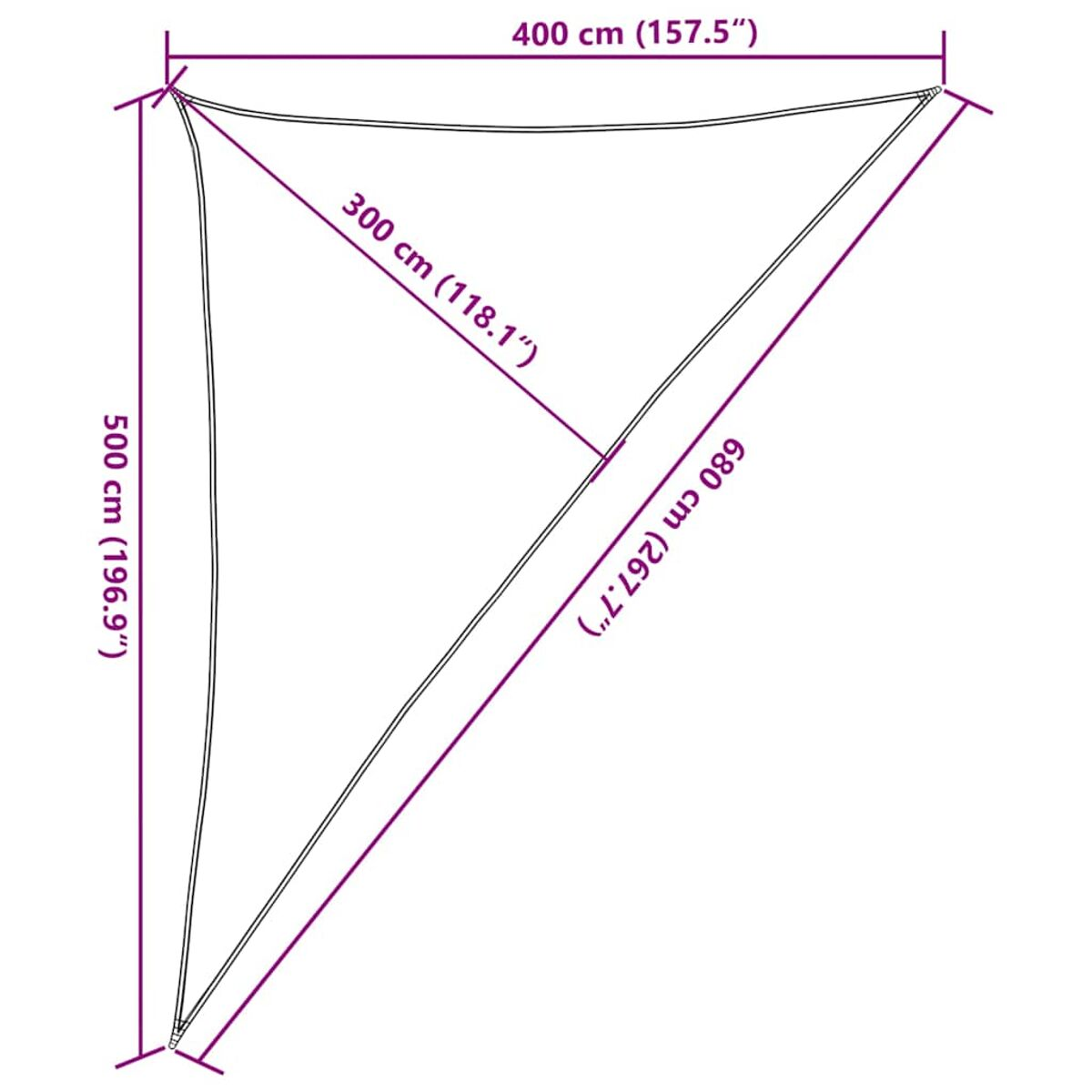 Diagramma che mostra le dimensioni di un triangolo. Le misure sono espresse in cm e pollici.