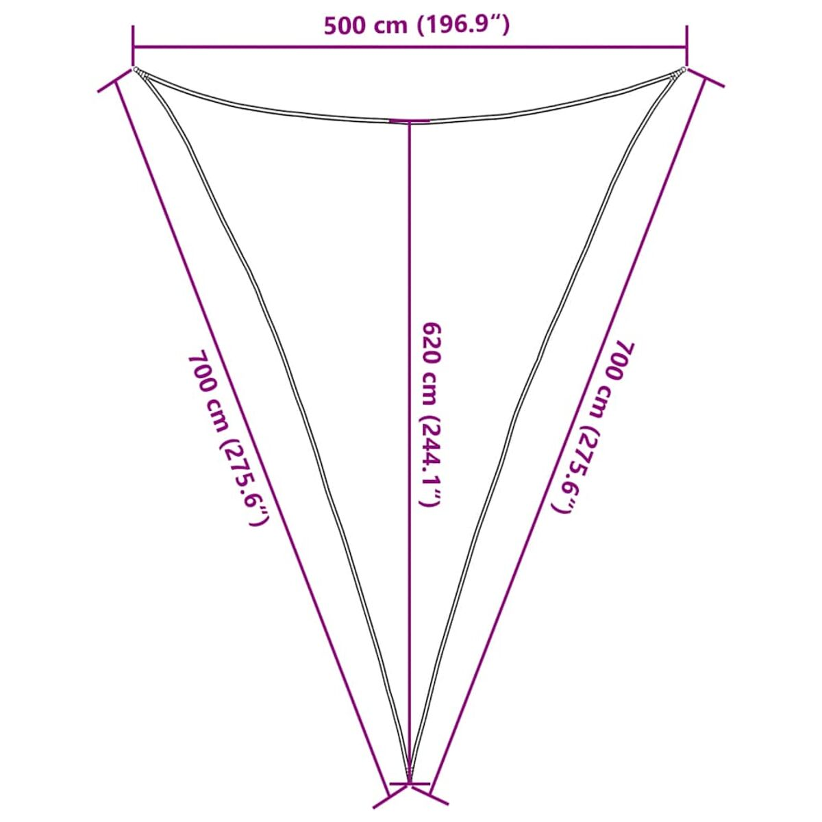 Diagramma che mostra una vela ombreggiante triangolare con dimensioni in cm e pollici.