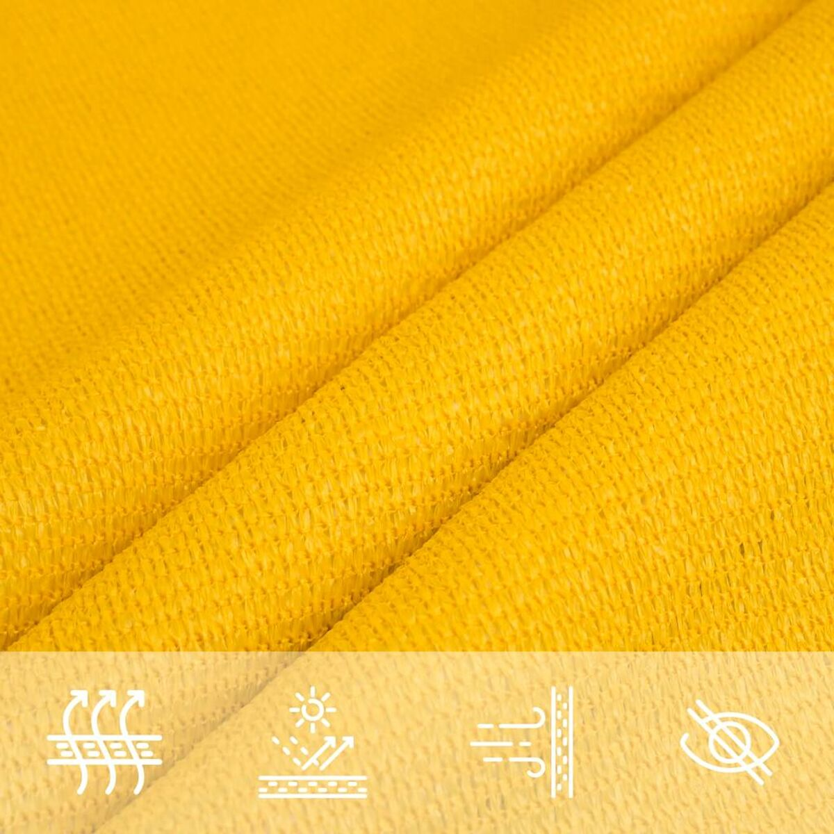 Primo piano di tessuto giallo con tre icone che indicano flusso d'aria, protezione UV.