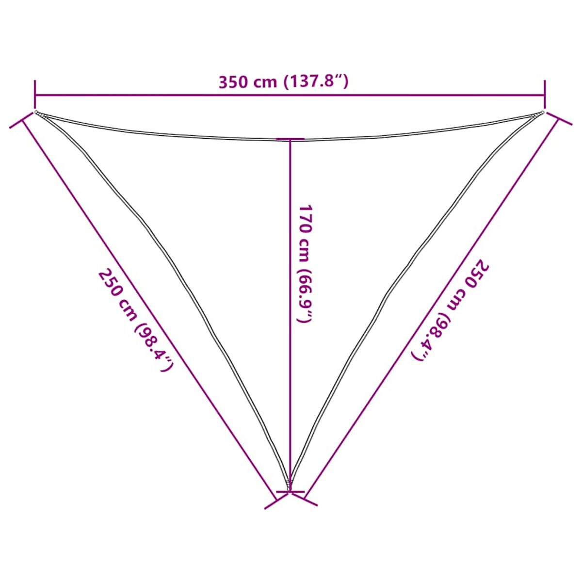 Diagramma di un parasole triangolare con dimensioni: 350 cm, 250 cm e 250 cm.