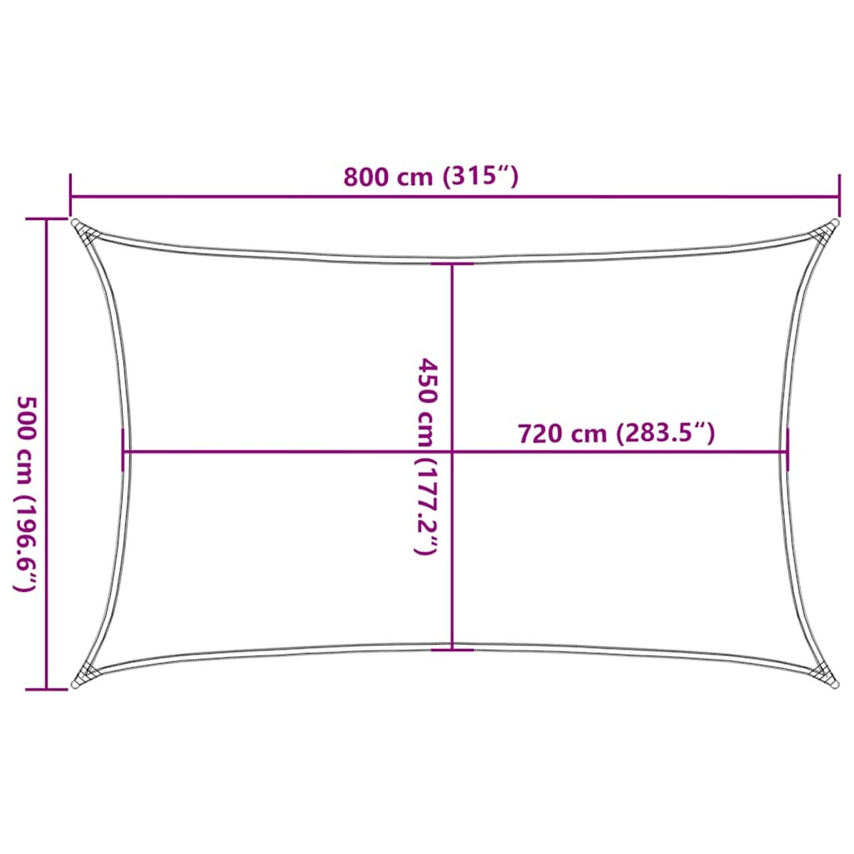 Parasole rettangolare con dimensioni in centimetri: 800 cm in alto e 500 cm lati.