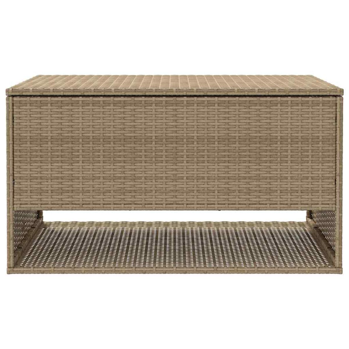 Eine beige Aufbewahrungsbank aus Korbgeflecht. Der untere Teil hat ein offenes Regal.