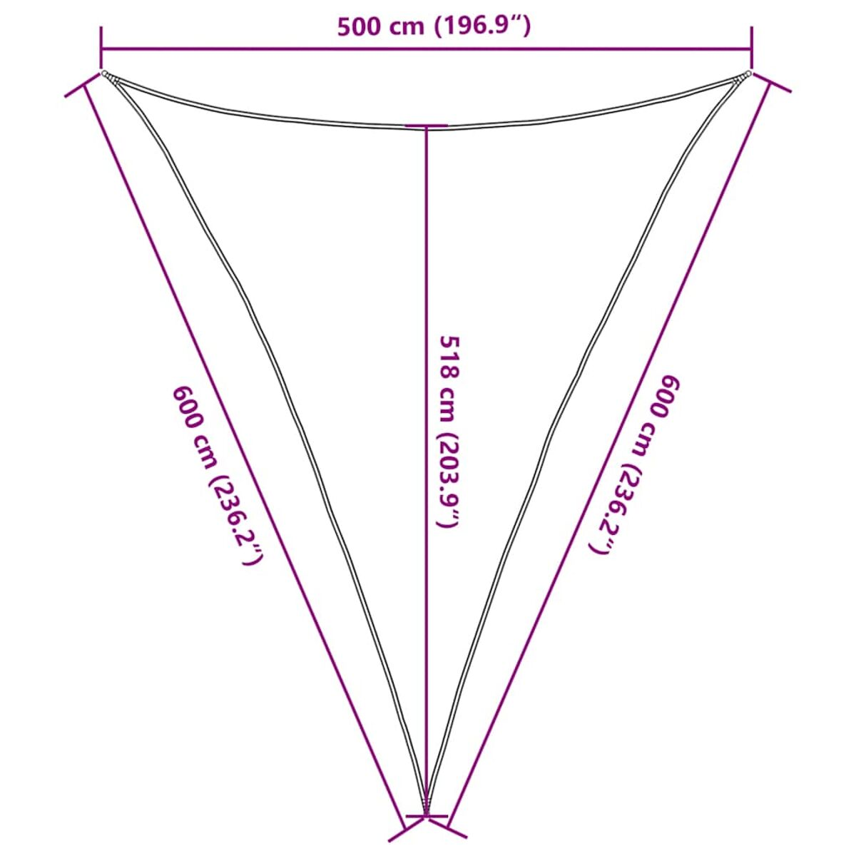 Diagramma di vela solare triangolare con dimensioni in cm e pollici. Sfondo bianco, diagramma con linee.