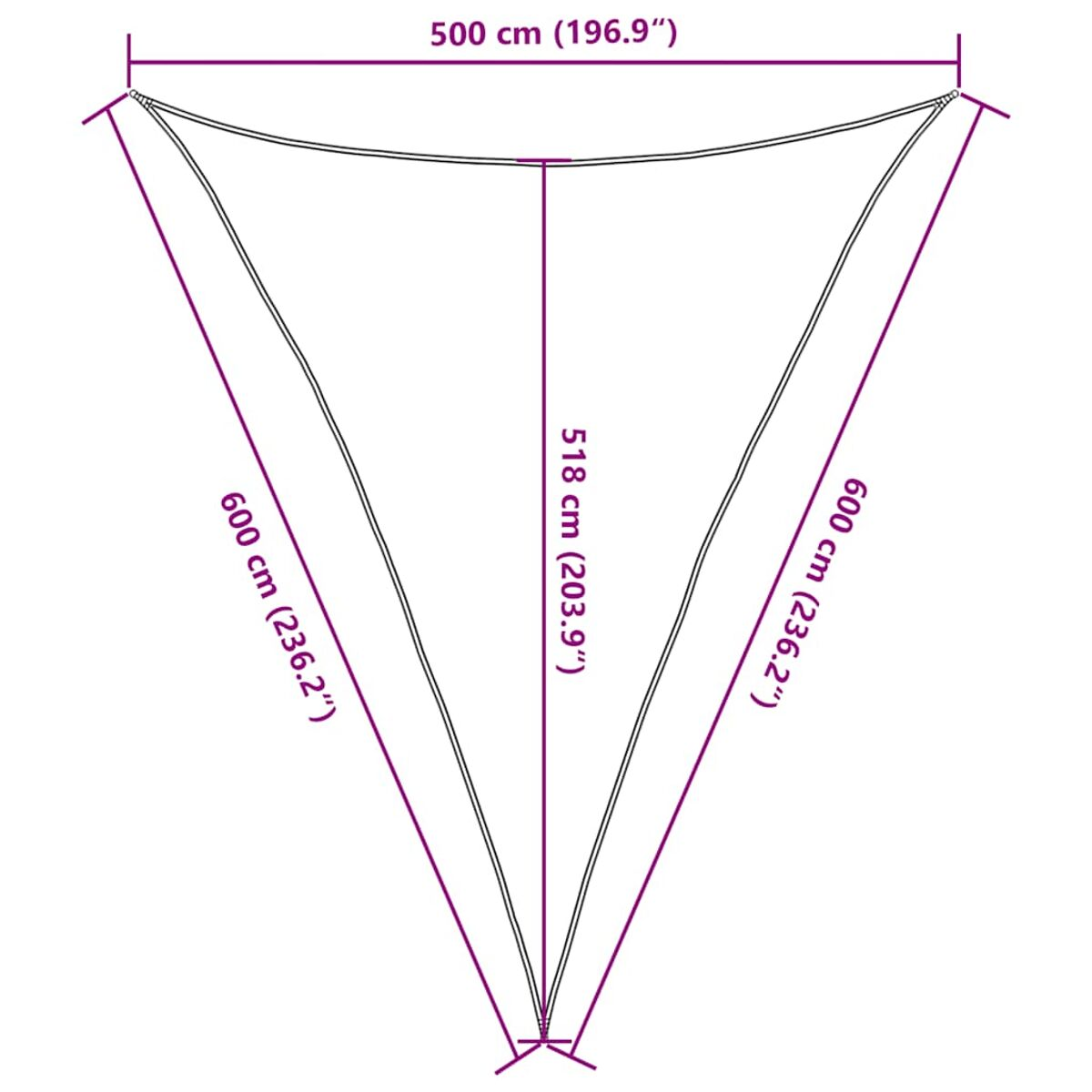 Un telo parasole triangolare con dimensioni indicate in cm e pollici.