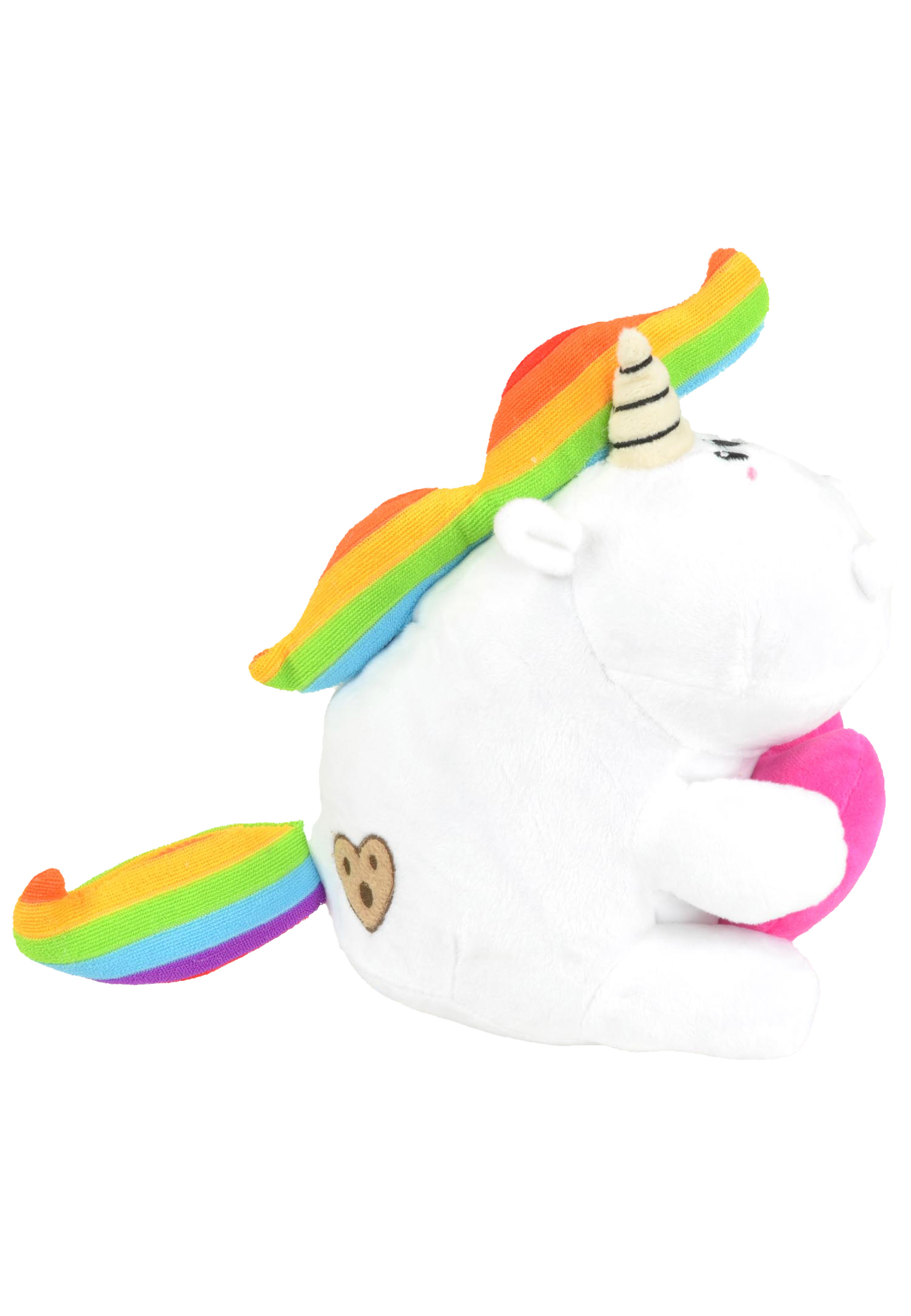Weißes Einhorn-Plüschtier, das ein rosa Herz hält.
