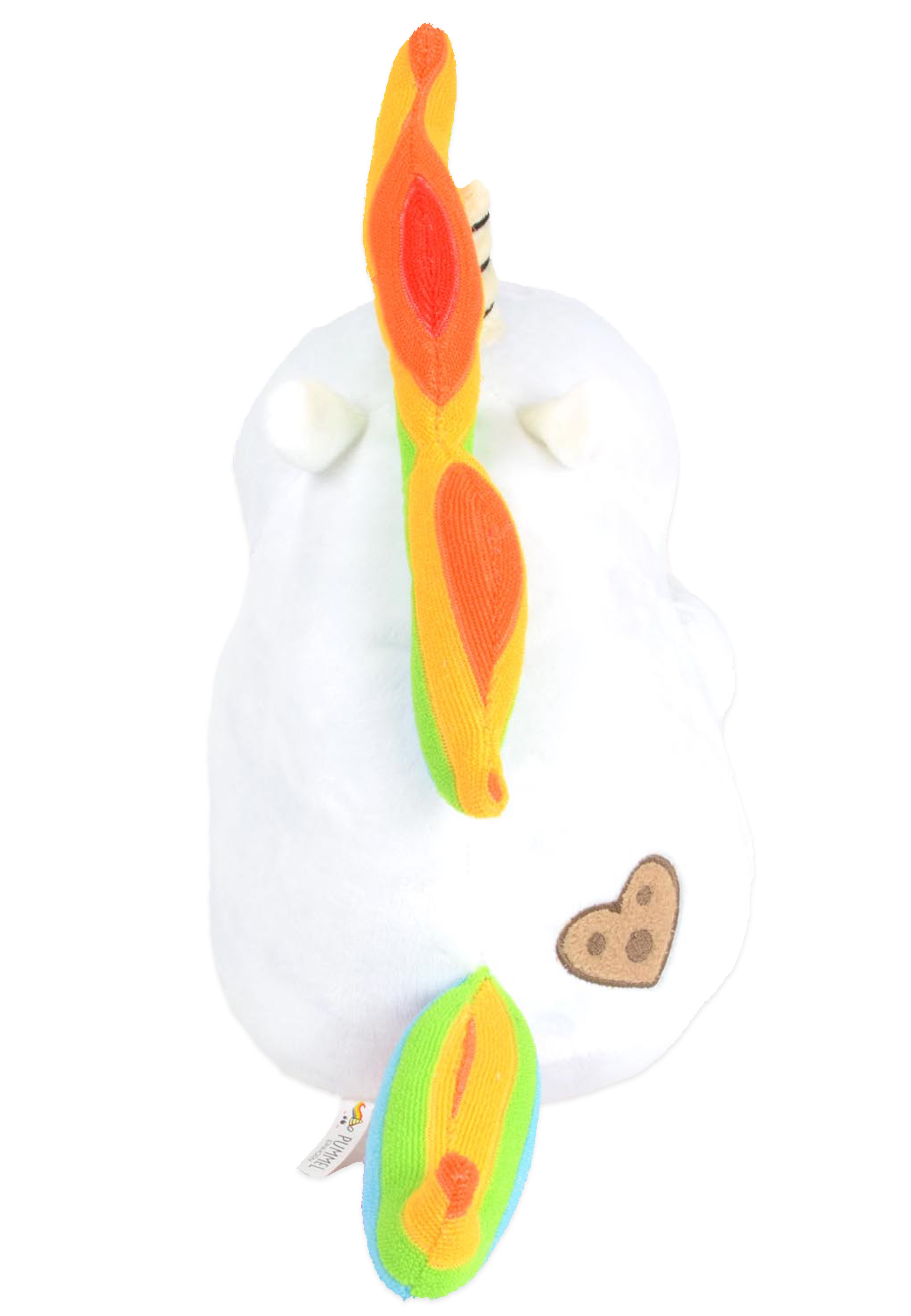 Ein weißes Einhorn-Plüschtier mit Regenbogenmähne und -schwanz, herzförmigem braunen Fleck.