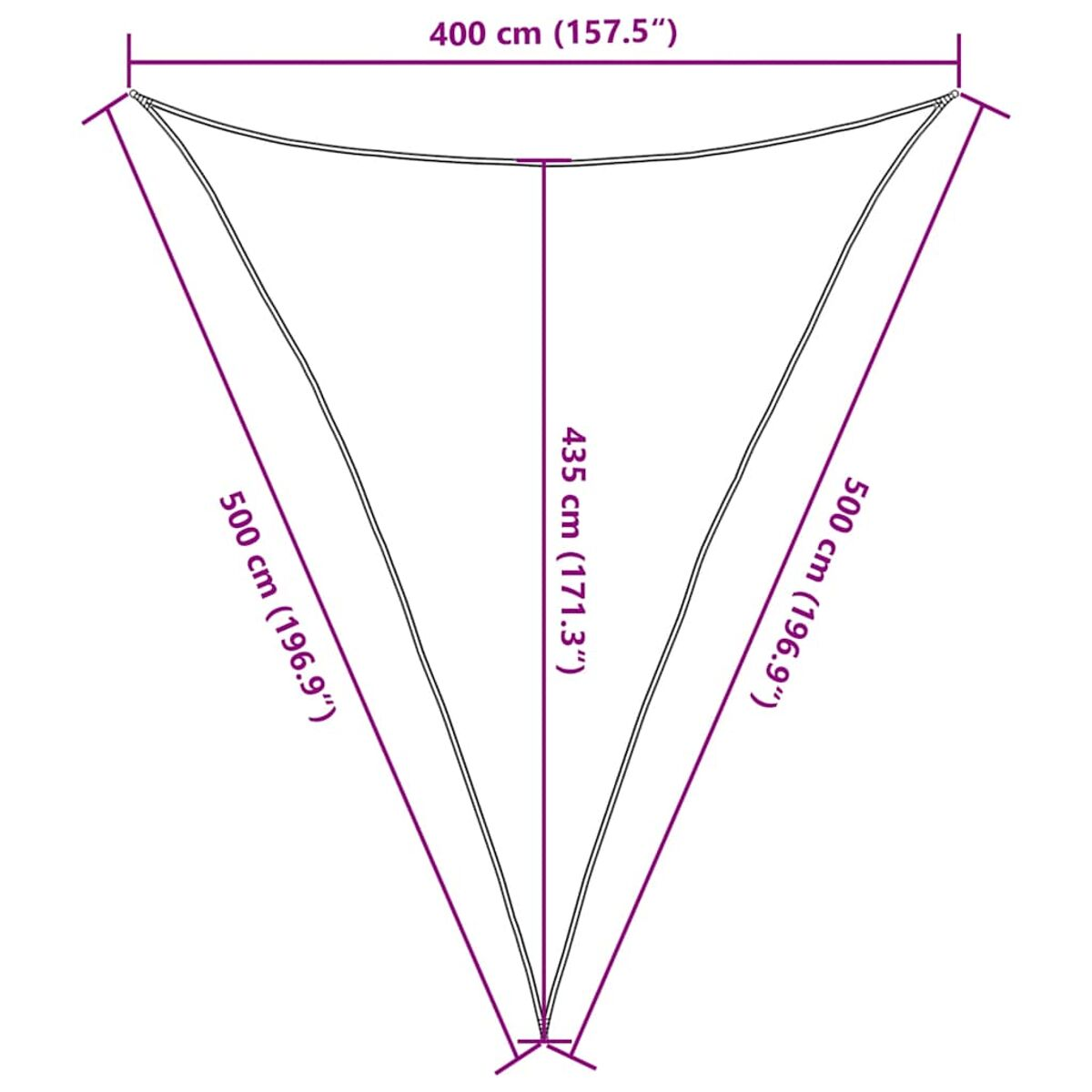 Diagramma di una vela parasole triangolare con dimensioni. Sfondo bianco.