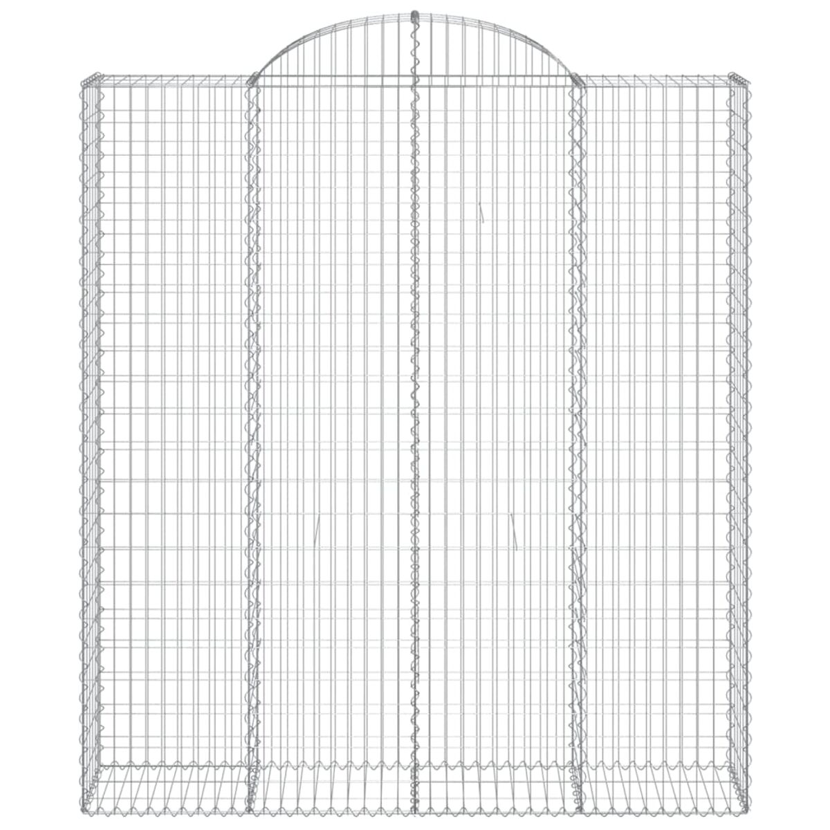 Ein Drahtgitter-Gabion mit dekorativem Bogen oben, isoliert auf Weiß.