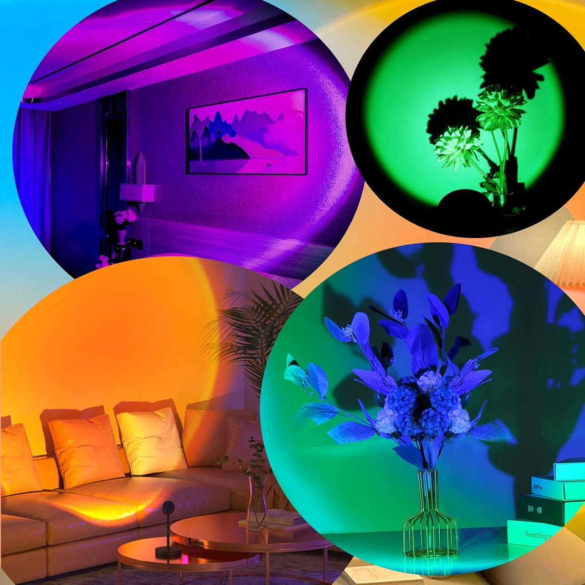 Vier kreisförmige Lichter, die farbenfrohe Farbtöne auf eine Wand und Objekte projizieren.