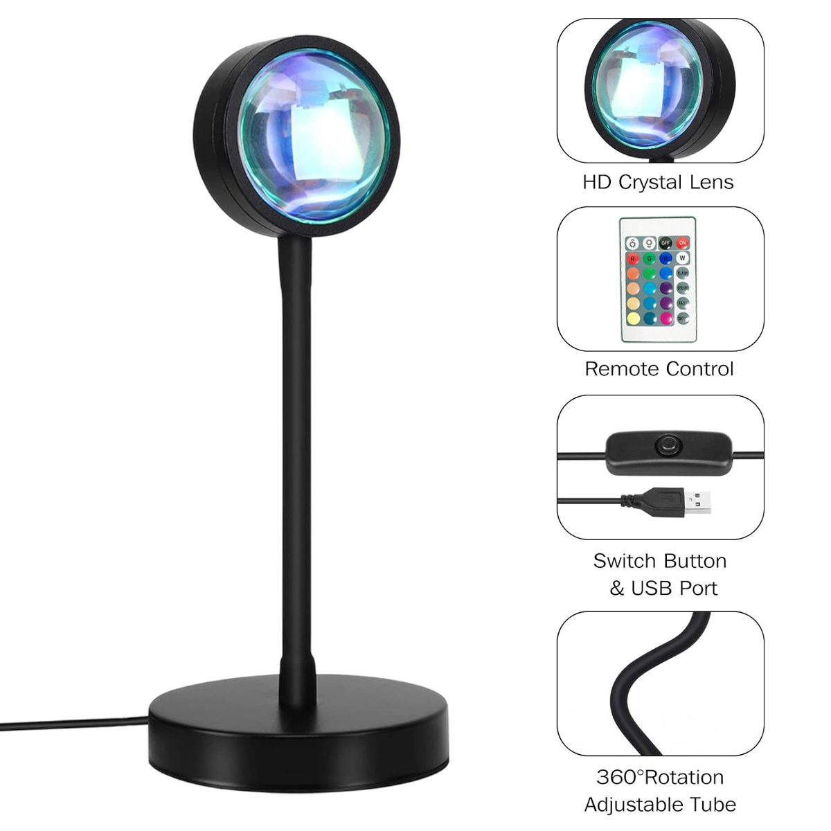 Schwarze Lampe mit farbwechselnder Linse. Inklusive Fernbedienung und USB-Anschluss.