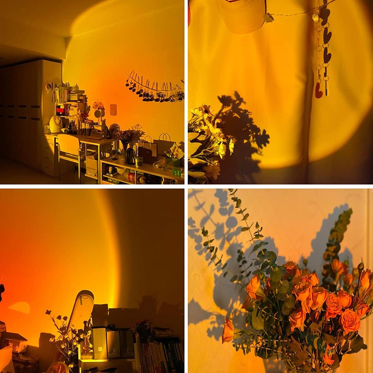 Vier Bilder zeigen einen Sonnenuntergang-Lampeneffekt. Orangefarbenes Licht beleuchtet Objekte und Oberflächen.