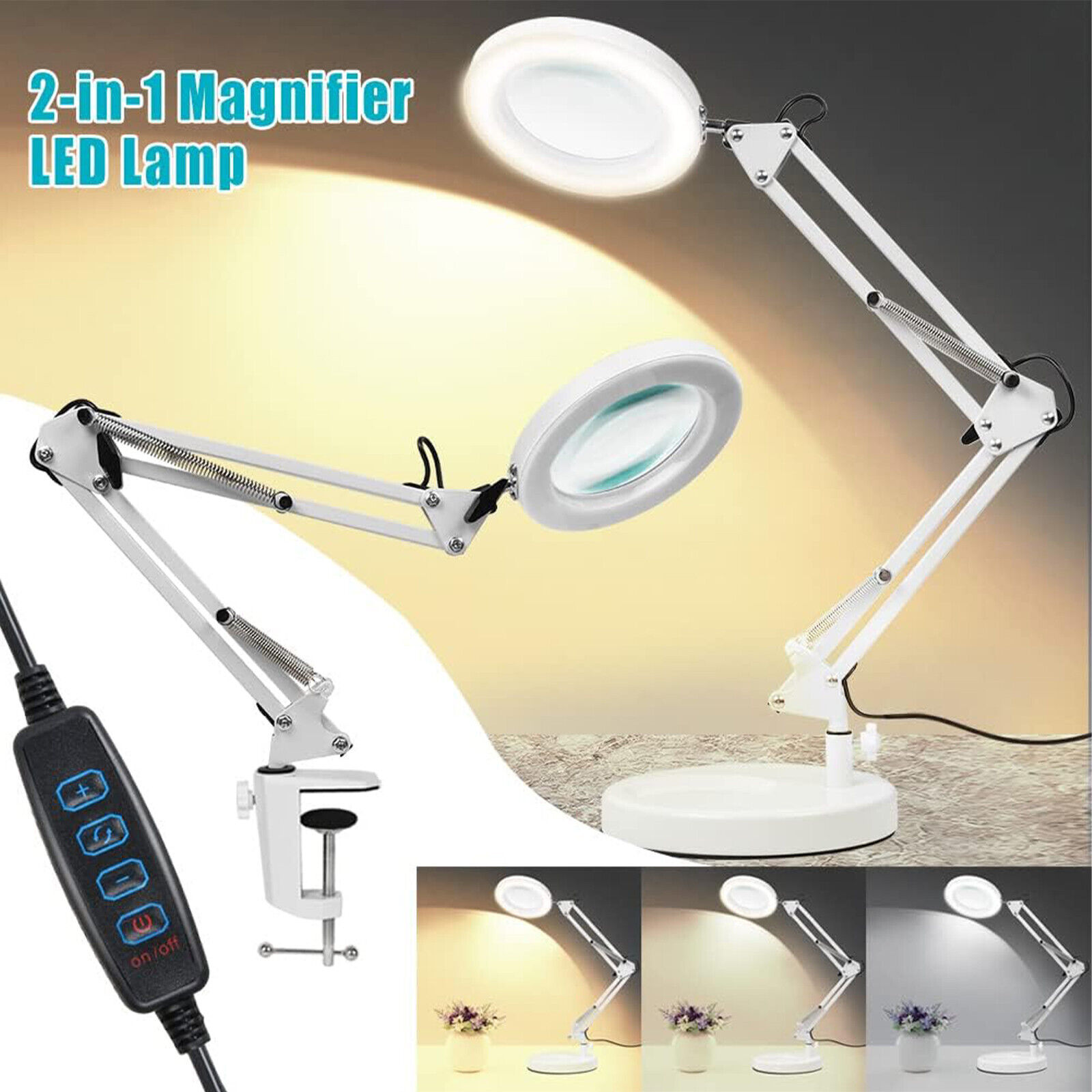 Weiße Schreibtischlampe mit Lupenlinse. Die Lampe steht auf einem weißen Sockel und hat ein Bedienfeld.