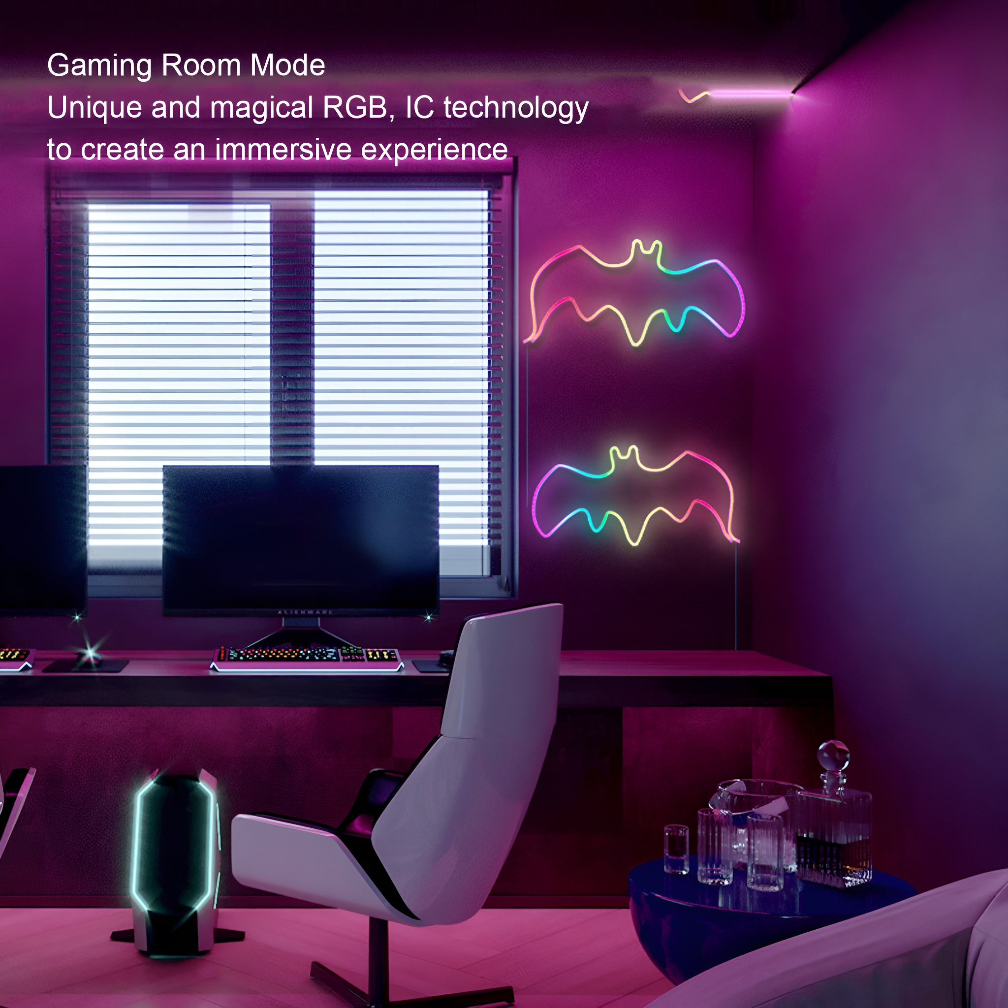 Gaming-Zimmer mit fledermausförmigen Neonlichtern, einem Schreibtisch, einem Gaming-Stuhl und PC.