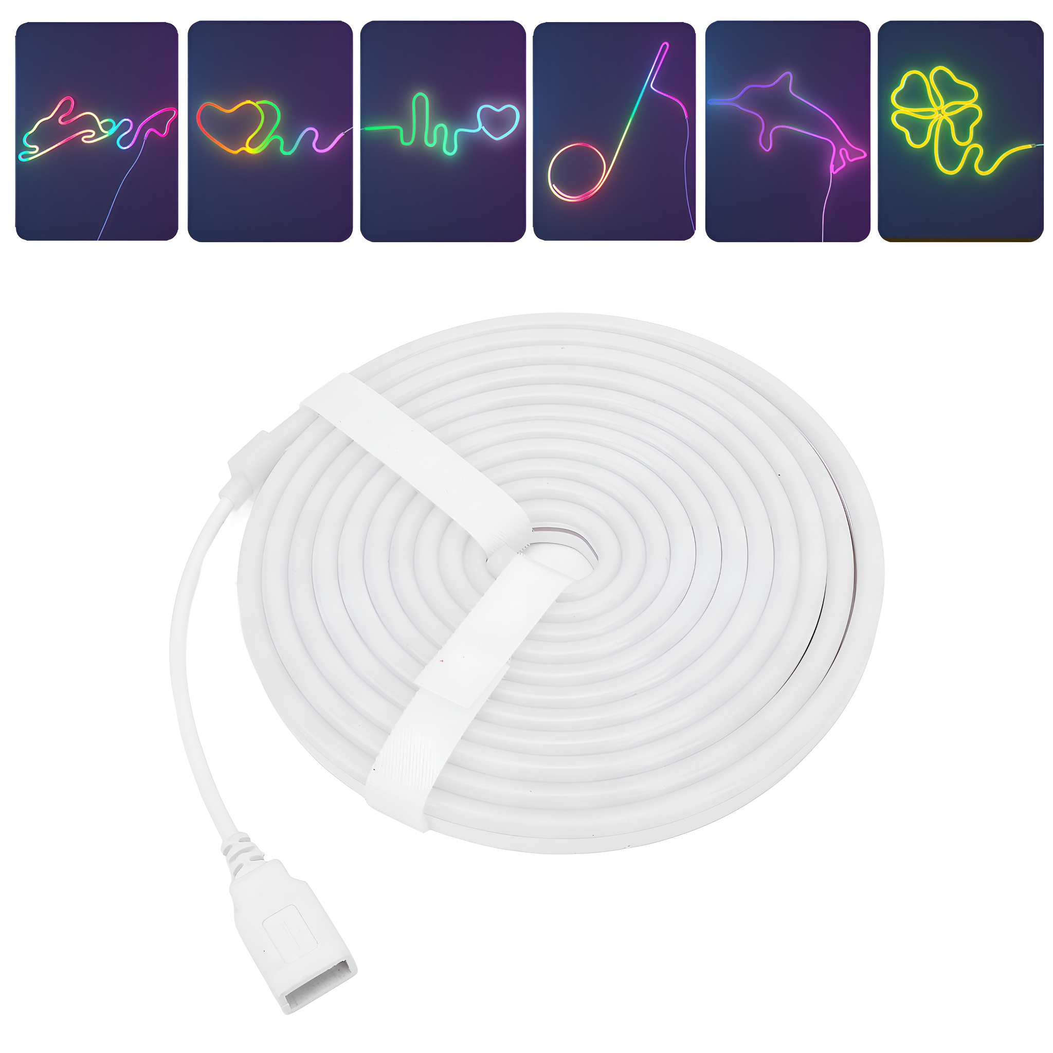 Rolle weißer LED-Streifenlichter mit verschiedenen farbigen Lichtformen.