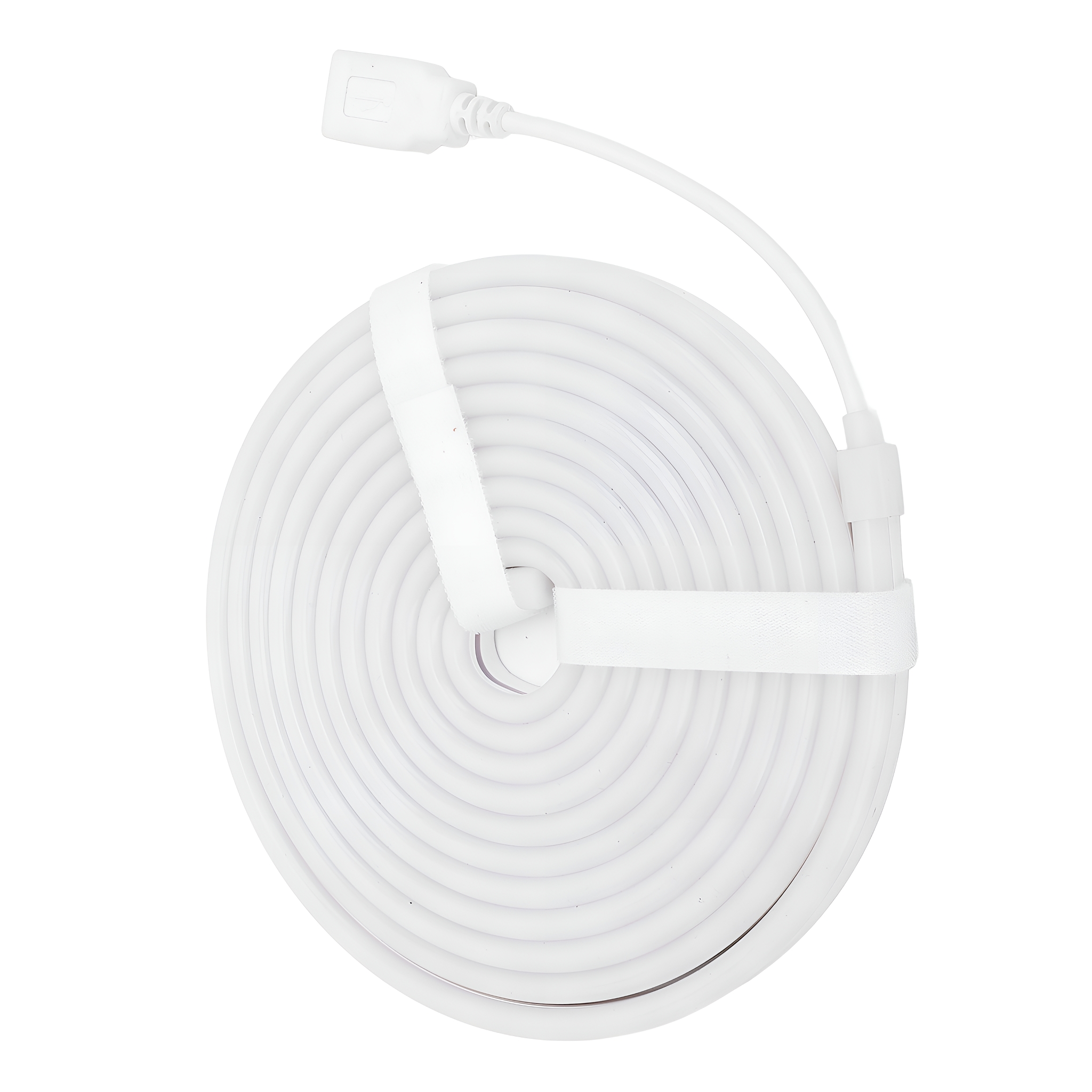 Eine aufgerollte weiße LED-Leiste mit weißem Riemen und USB-Anschluss.