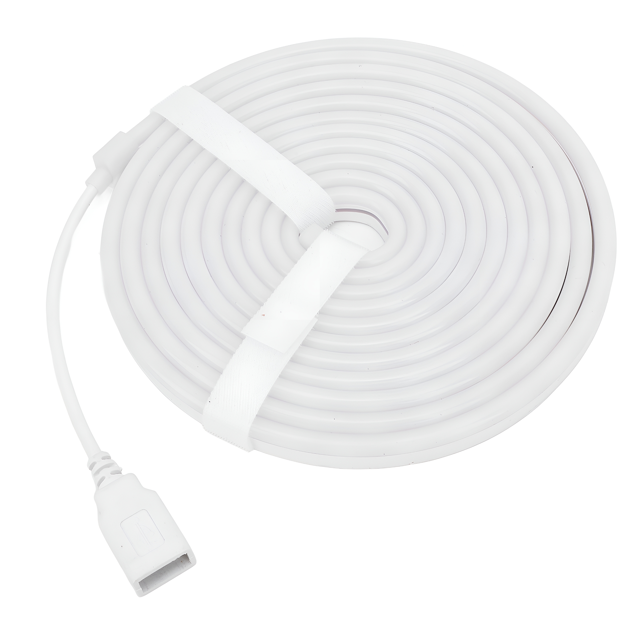 Ein weißes LED-Streifenlicht, aufgerollt mit einem weißen Riemen und einem USB-Anschluss.