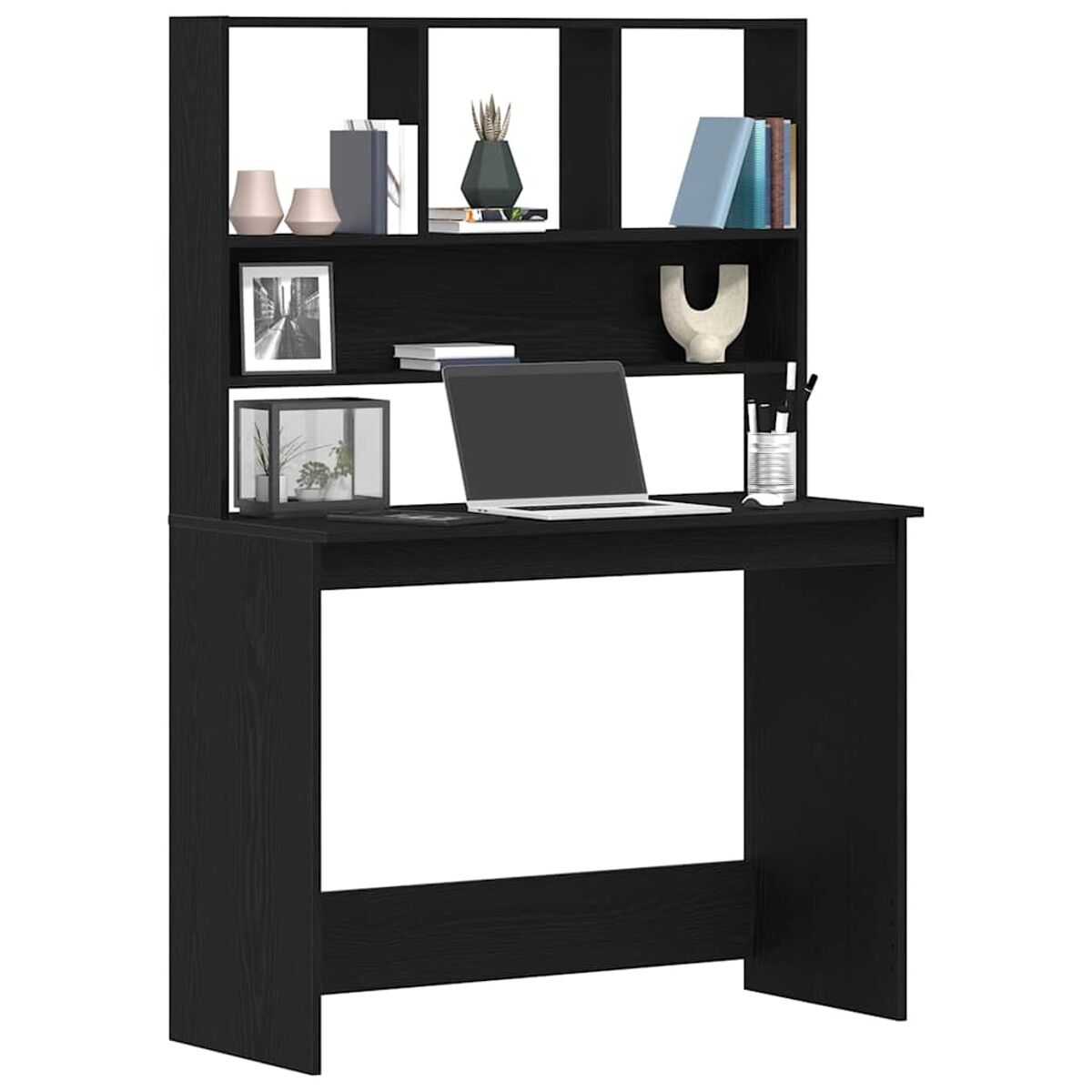 Ein schwarzer Schreibtisch mit Regal oben. Auf dem Schreibtisch befinden sich Bücher, Dekorationen und ein Laptop.