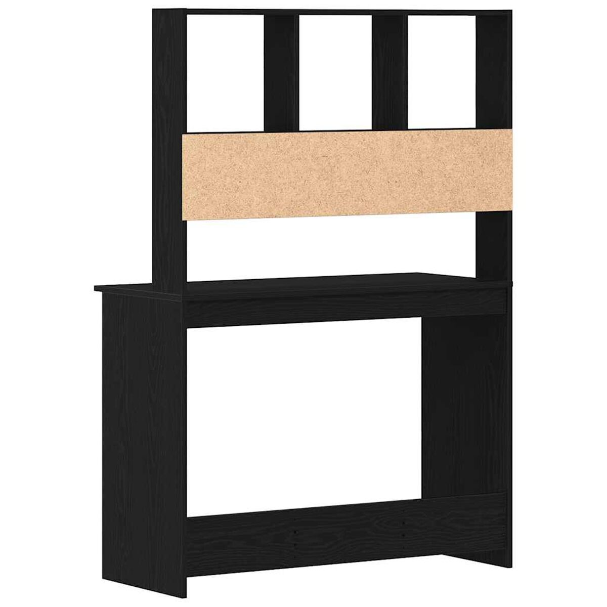 Schwarzer Schreibtisch mit erhöhtem Rücken, aus dunklem Holz und Spanplatte.