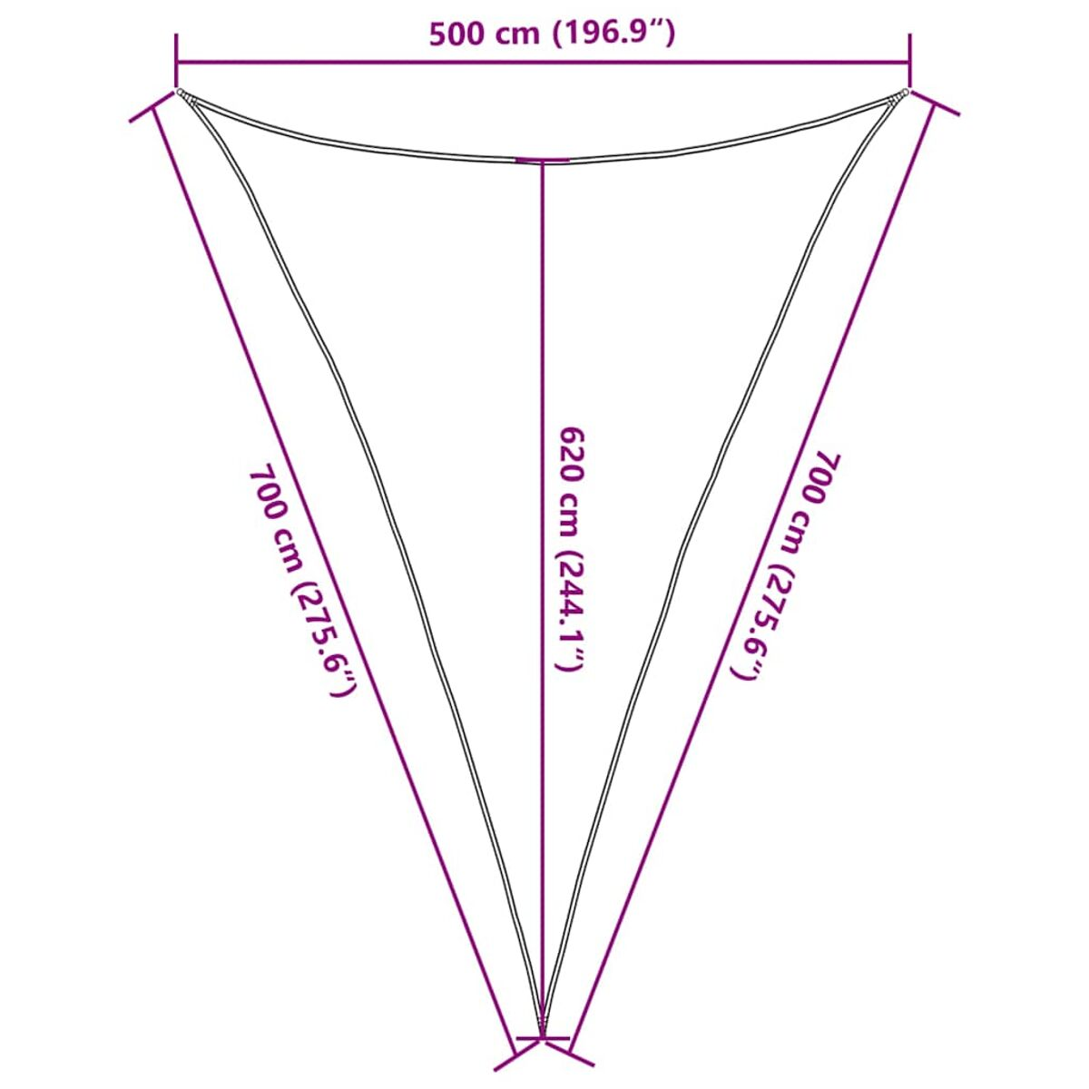 Un triangolo bianco con dimensioni etichettate in cm e pollici.