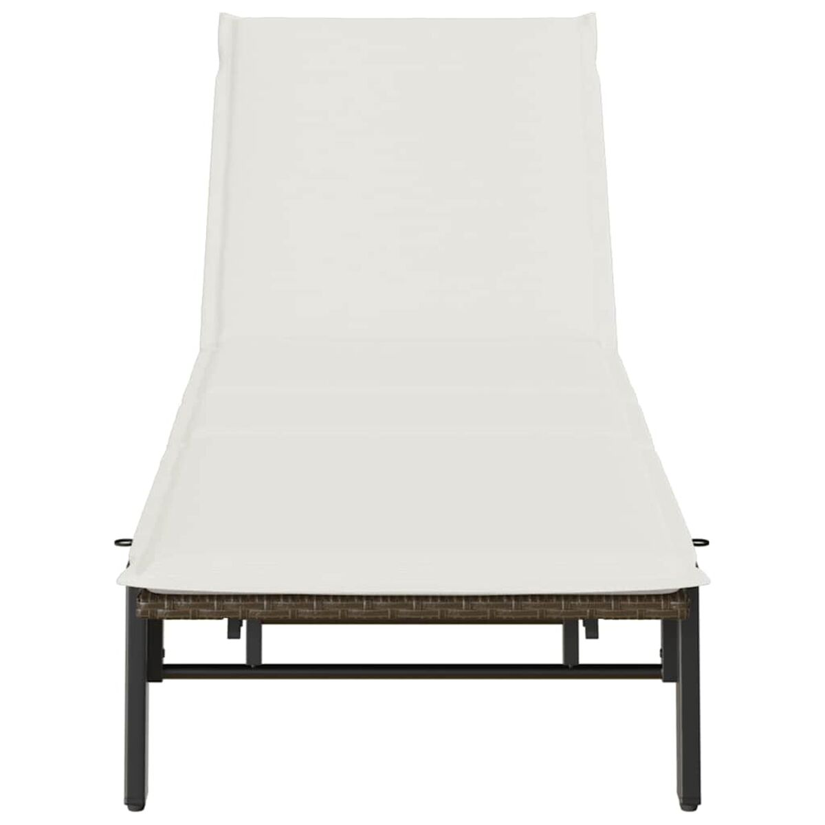 Una chaise longue bianca da esterno, vista frontalmente, su base marrone.